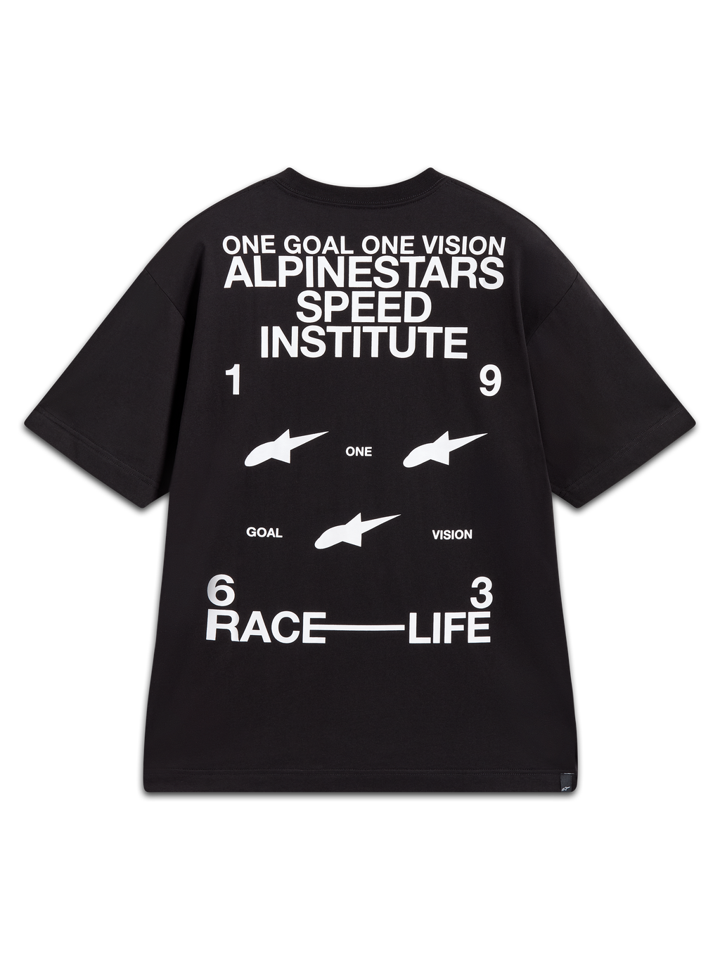 Alpinestars Institute Oversized CSF Tee, t-shirt de manga curta preta com gráficos brancos Speed Institute nas costas.