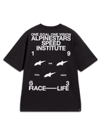 Alpinestars Institute Oversized CSF Tee, t-shirt de manga curta preta com gráficos brancos Speed Institute nas costas.