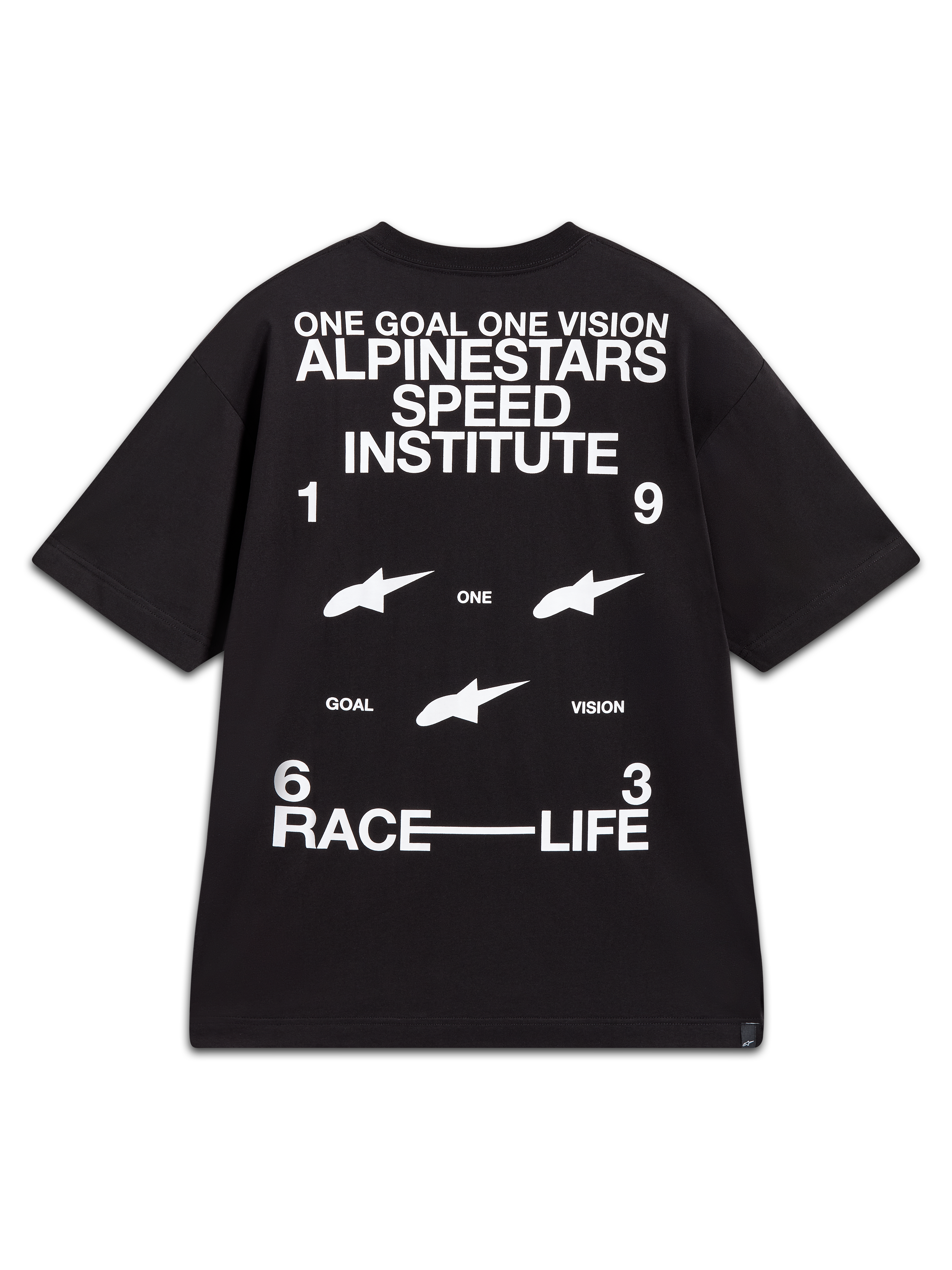 Alpinestars Institute Oversized CSF Tee, t-shirt de manga curta preta com gráficos brancos Speed Institute nas costas.