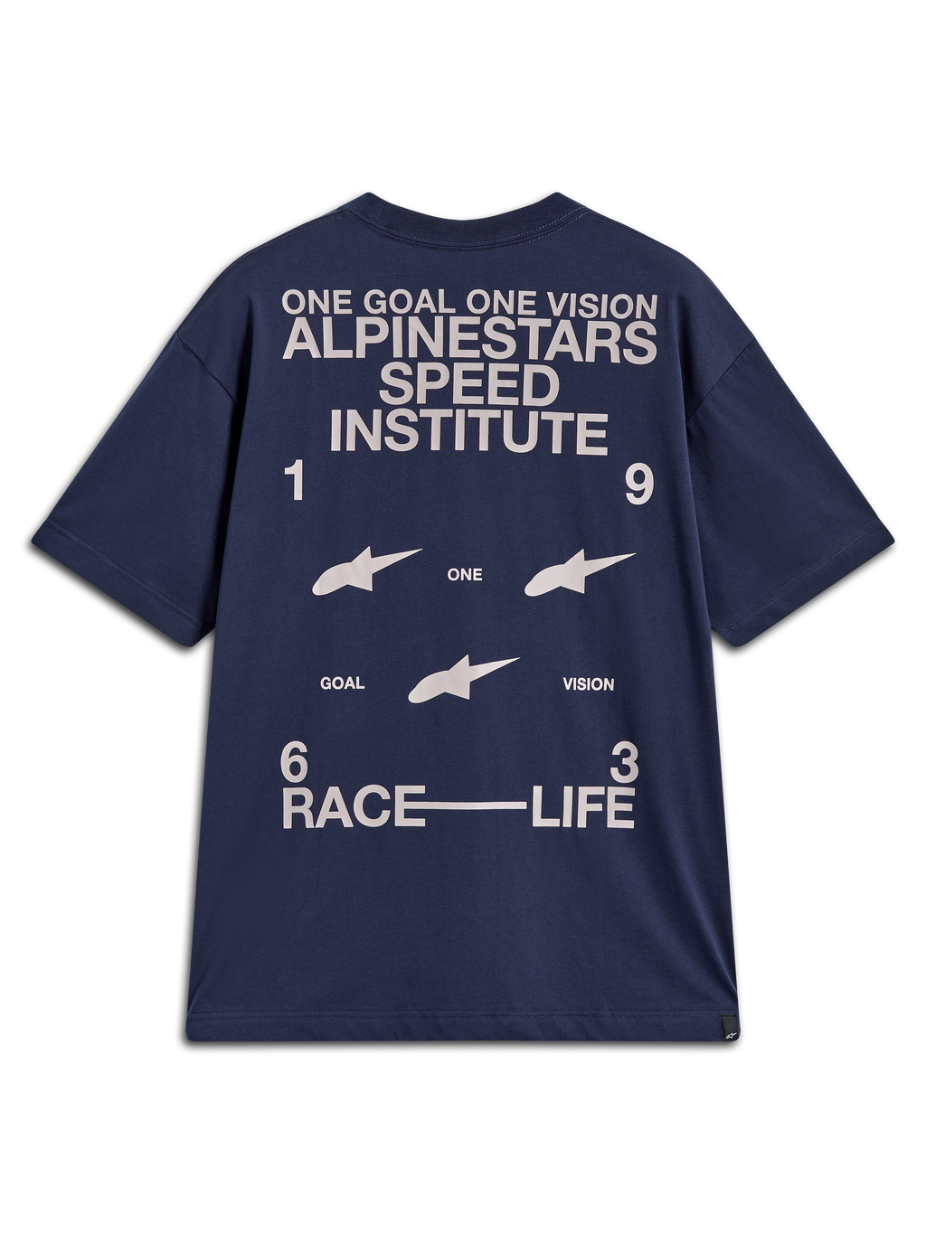 Alpinestars Institute Oversized SS CSF Tee, t-shirt de manga curta azul-marinho, grafismos brancos inspirados nas corridas.