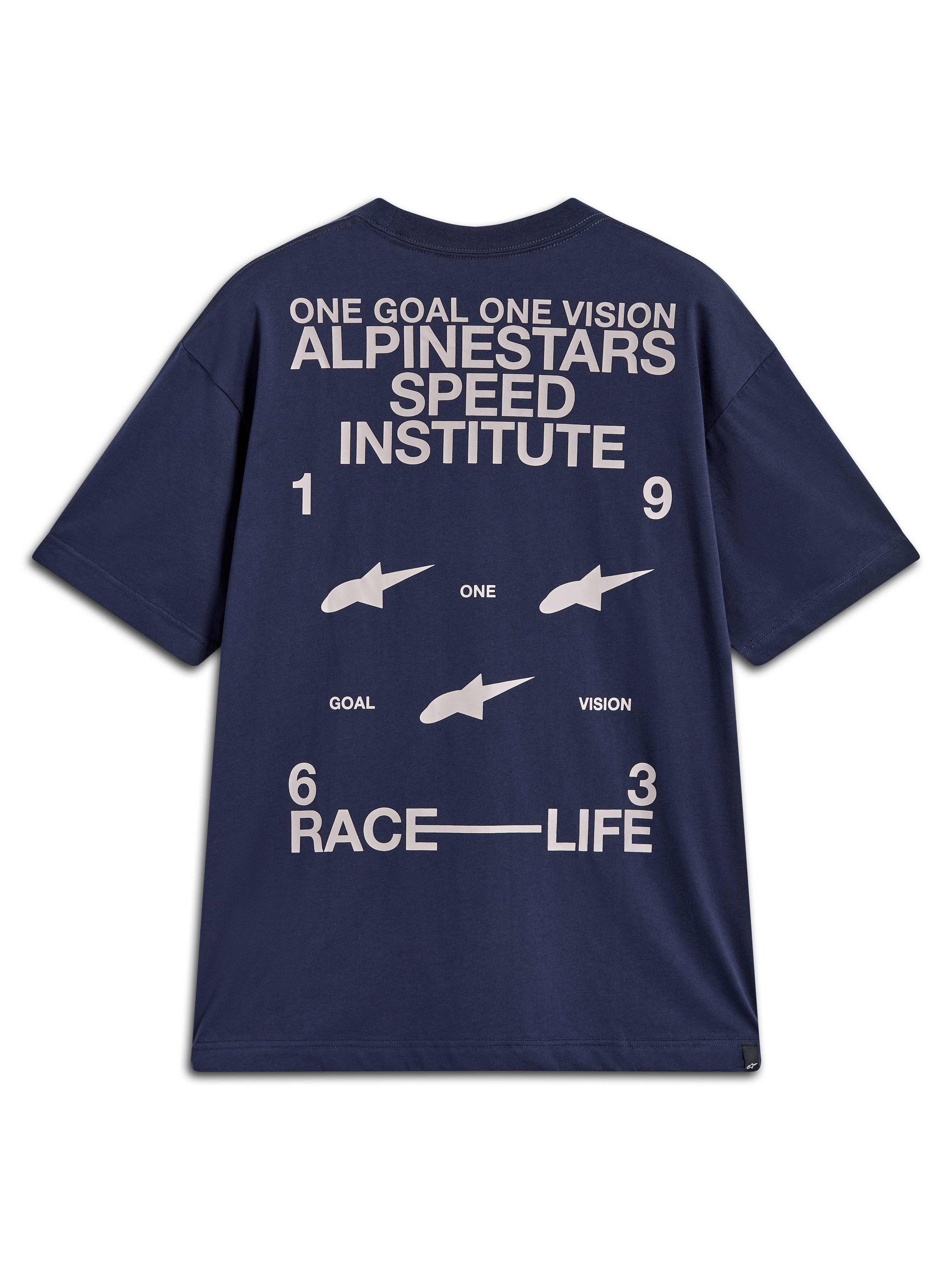 Alpinestars Institute Oversized SS CSF Tee, t-shirt de manga curta azul-marinho, grafismos brancos inspirados nas corridas.