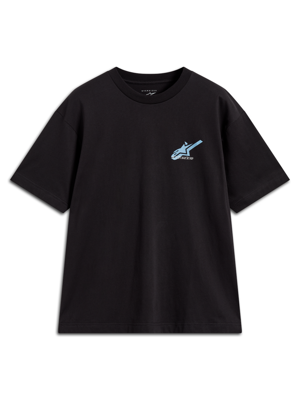 Alpinestars Ghost Oversized CSF Tee, t-shirt de manga curta unissexo, preta, logótipo Astars azul claro, sportswear casual.