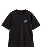 Alpinestars Ghost Oversized CSF Tee, t-shirt de manga curta unissexo, preta, logótipo Astars azul claro, sportswear casual.