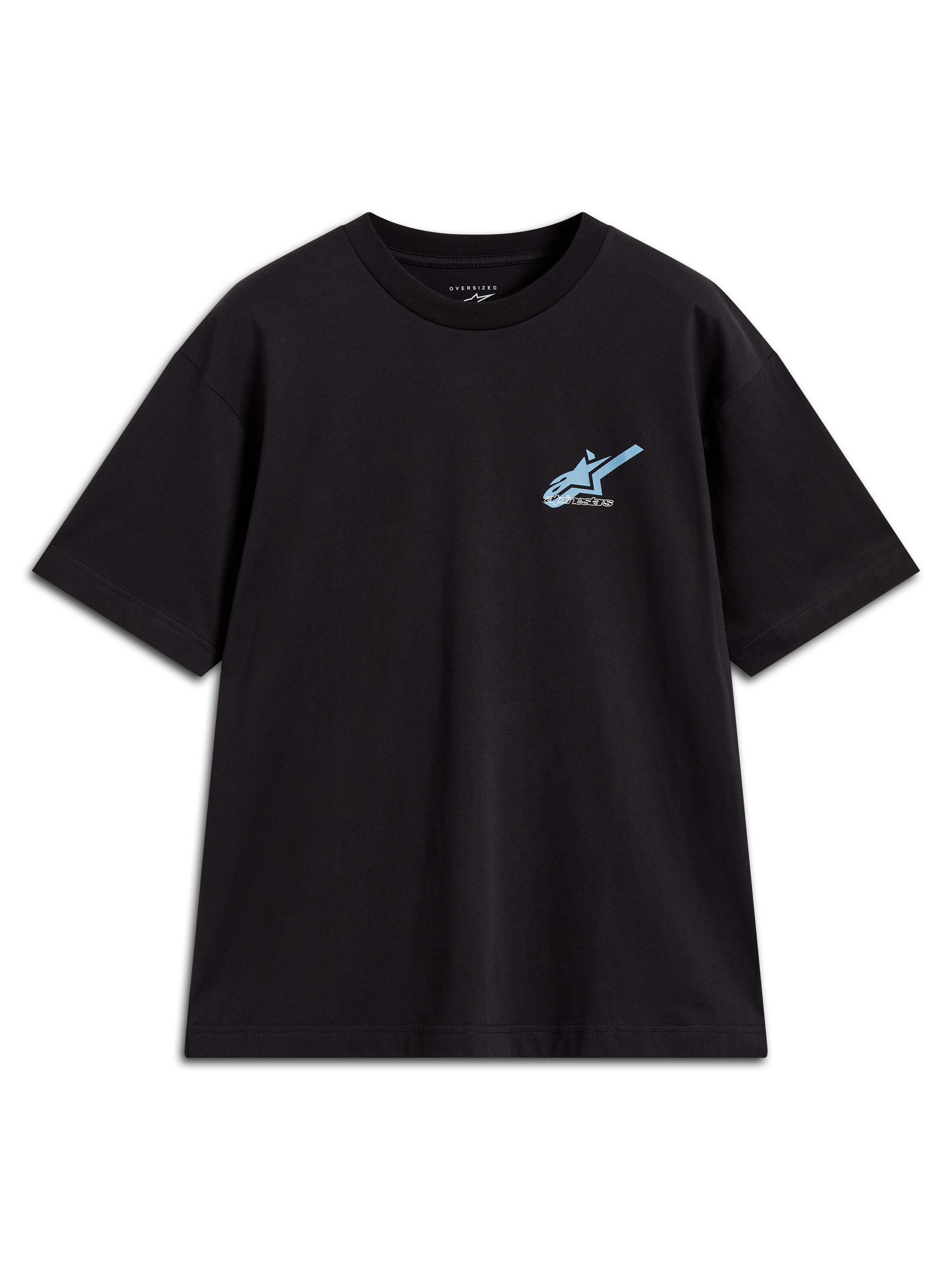 Alpinestars Ghost Oversized CSF Tee, t-shirt de manga curta unissexo, preta, logótipo Astars azul claro, sportswear casual.