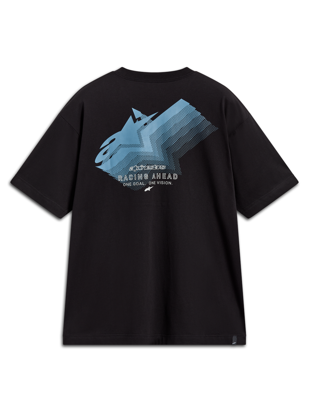 Alpinestars Ghost Oversized CSF Tee, t-shirt preta de manga curta, logótipo azul desvanecido nas costas, texto Racing Ahead.