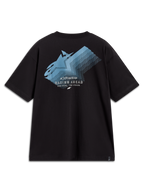 Alpinestars Ghost Oversized CSF Tee, t-shirt preta de manga curta, logótipo azul desvanecido nas costas, texto Racing Ahead.