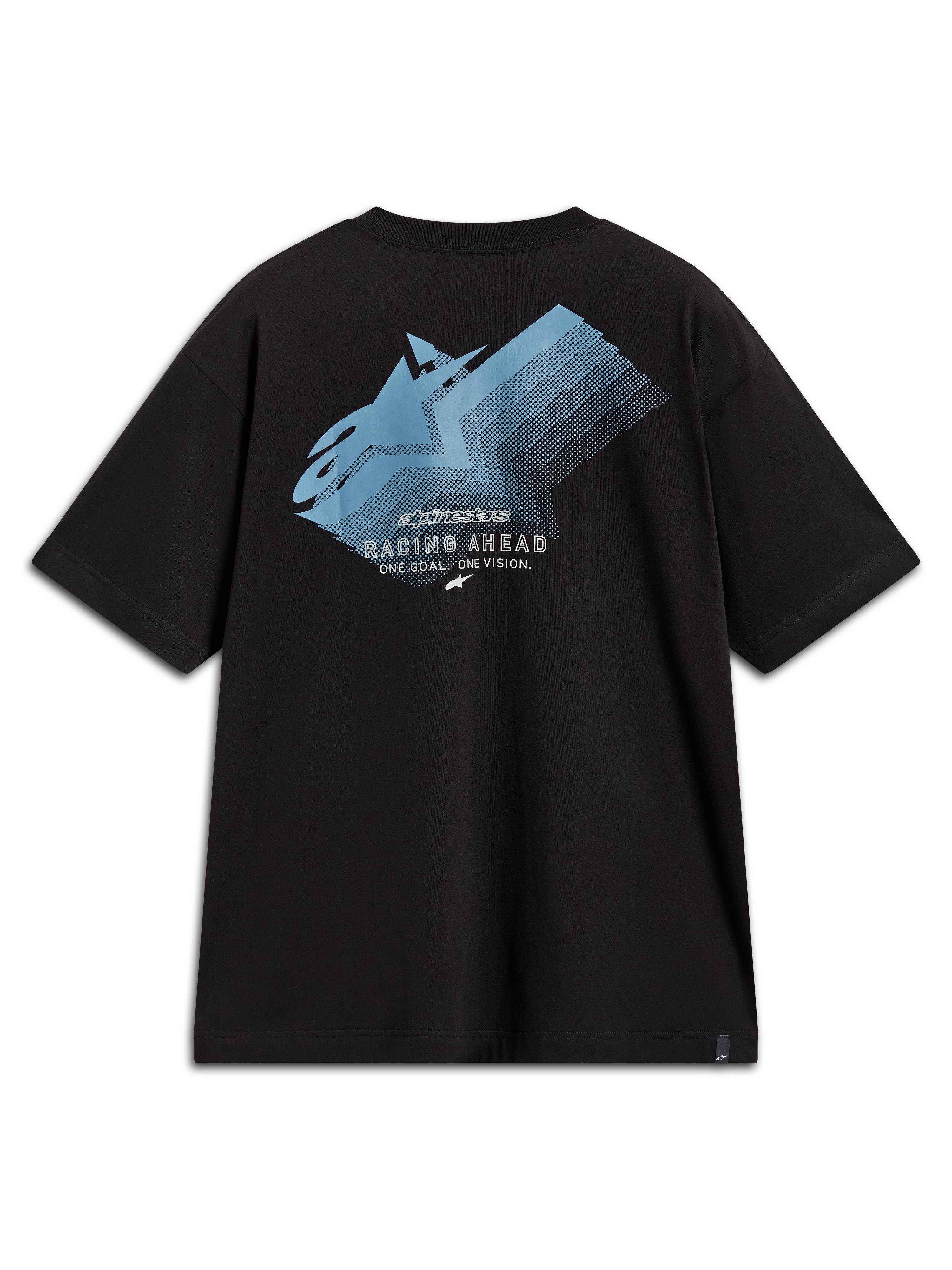 Alpinestars Ghost Oversized CSF Tee, t-shirt preta de manga curta, logótipo azul desvanecido nas costas, texto Racing Ahead.