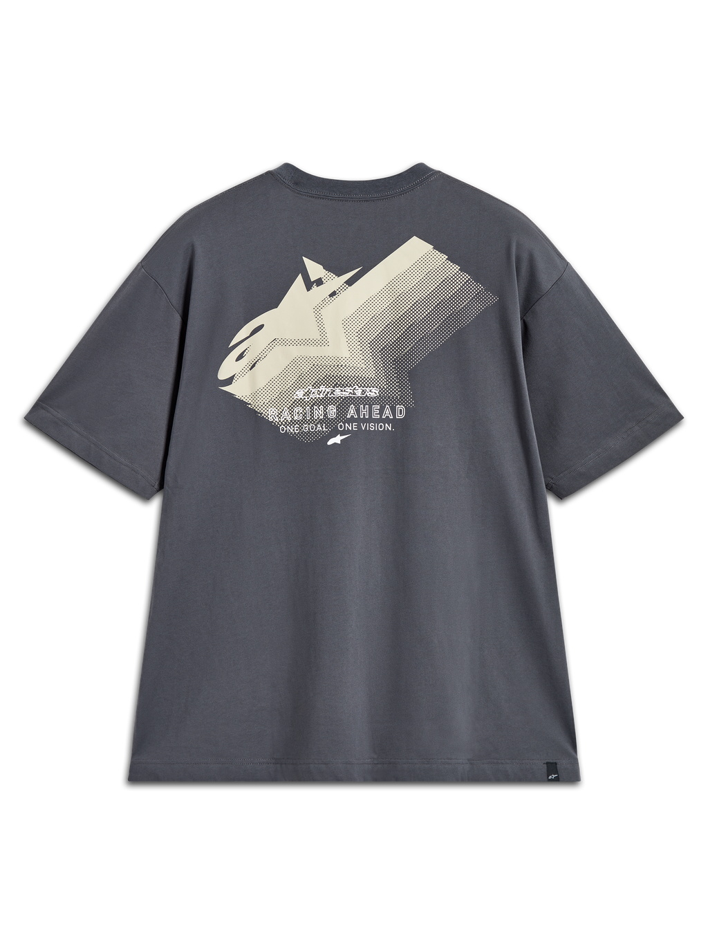 Alpinestars Ghost Oversized CSF Tee, t-shirt cinzenta de manga curta, vista traseira com gráfico e texto Racing Ahead.