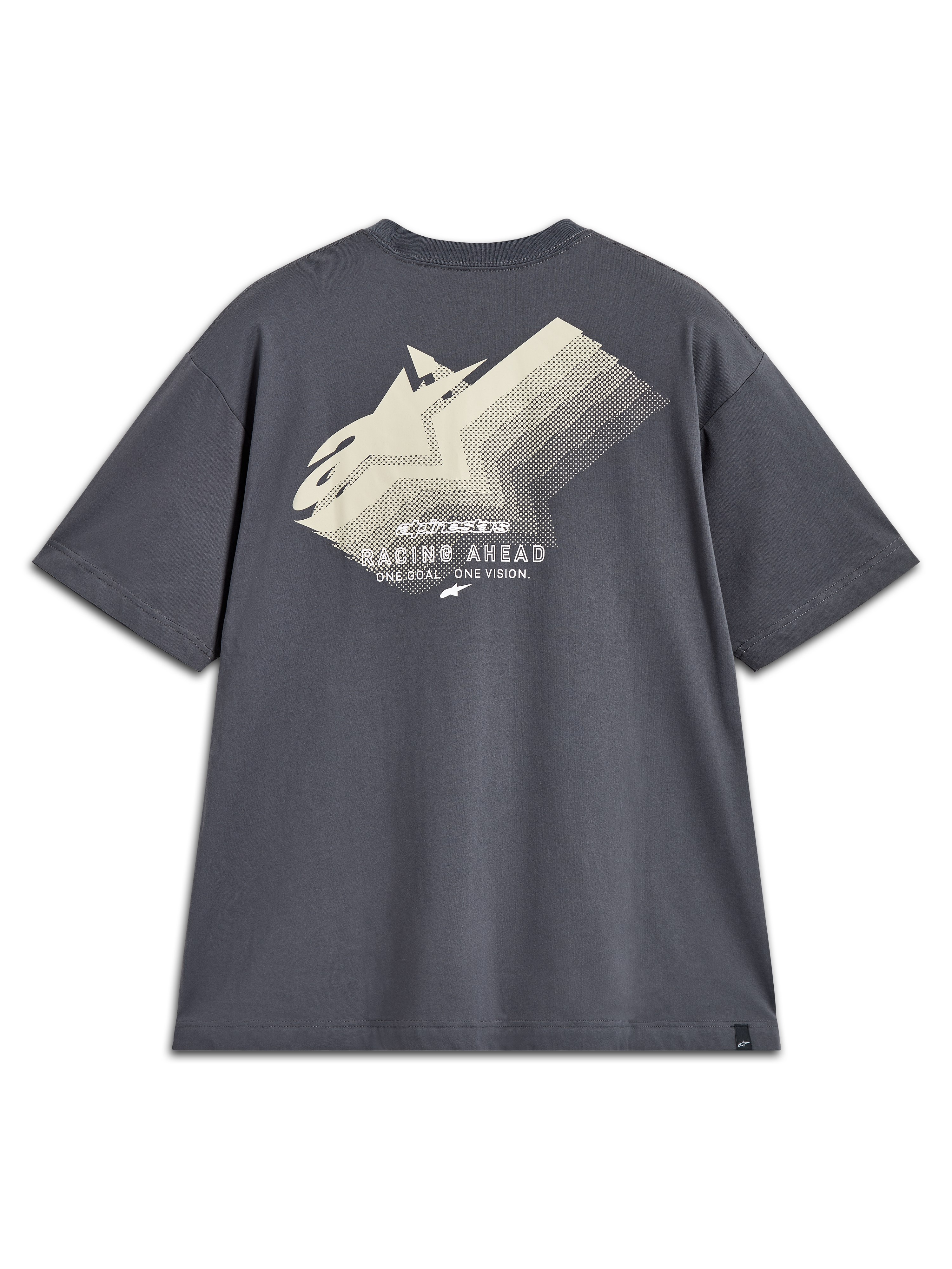 Alpinestars Ghost Oversized CSF Tee, t-shirt cinzenta de manga curta, vista traseira com gráfico e texto Racing Ahead.