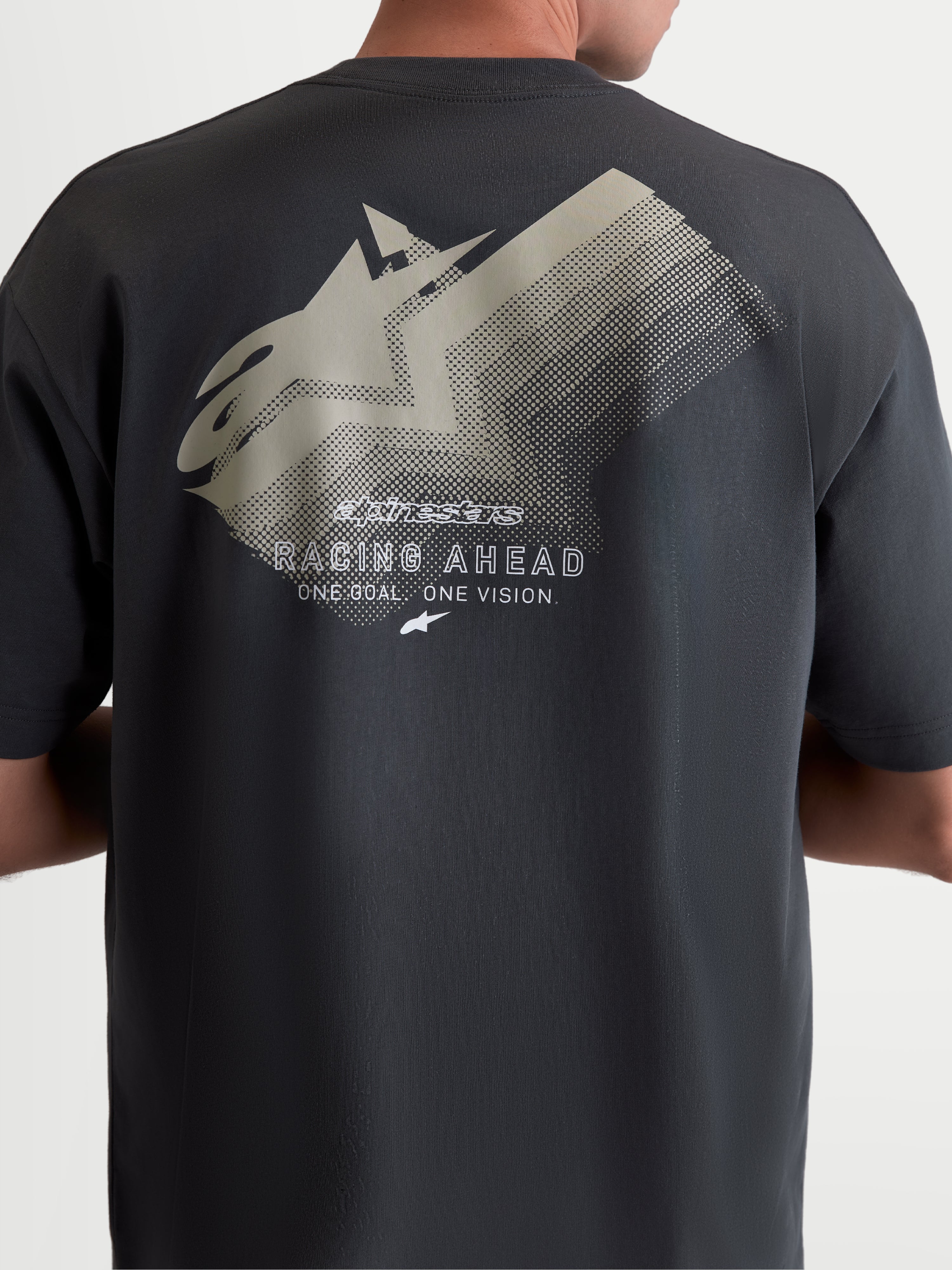 Alpinestars T-Shirt Ghost Oversized CSF, t-shirt de manga curta unissexo, cinzento escuro, vista traseira com grafismo grande de logótipo desvanecido, silhueta oversized descontraída, sportswear.