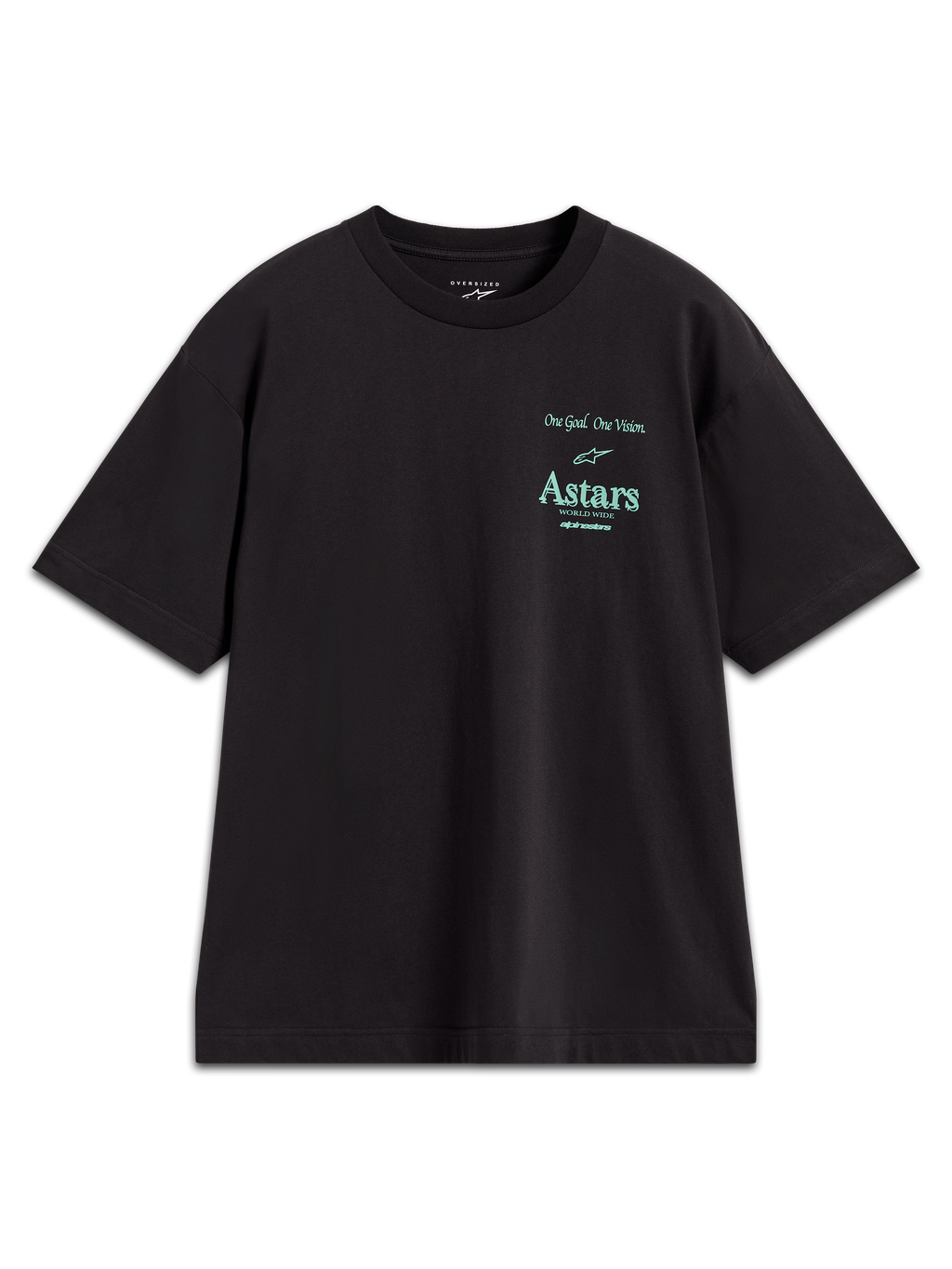 Alpinestars Post Oversized CSF Tee, t-shirt de manga curta preta com logótipo Astars e slogan One Goal One Vision em verde-azulado, mistura de algodão, estilo casual