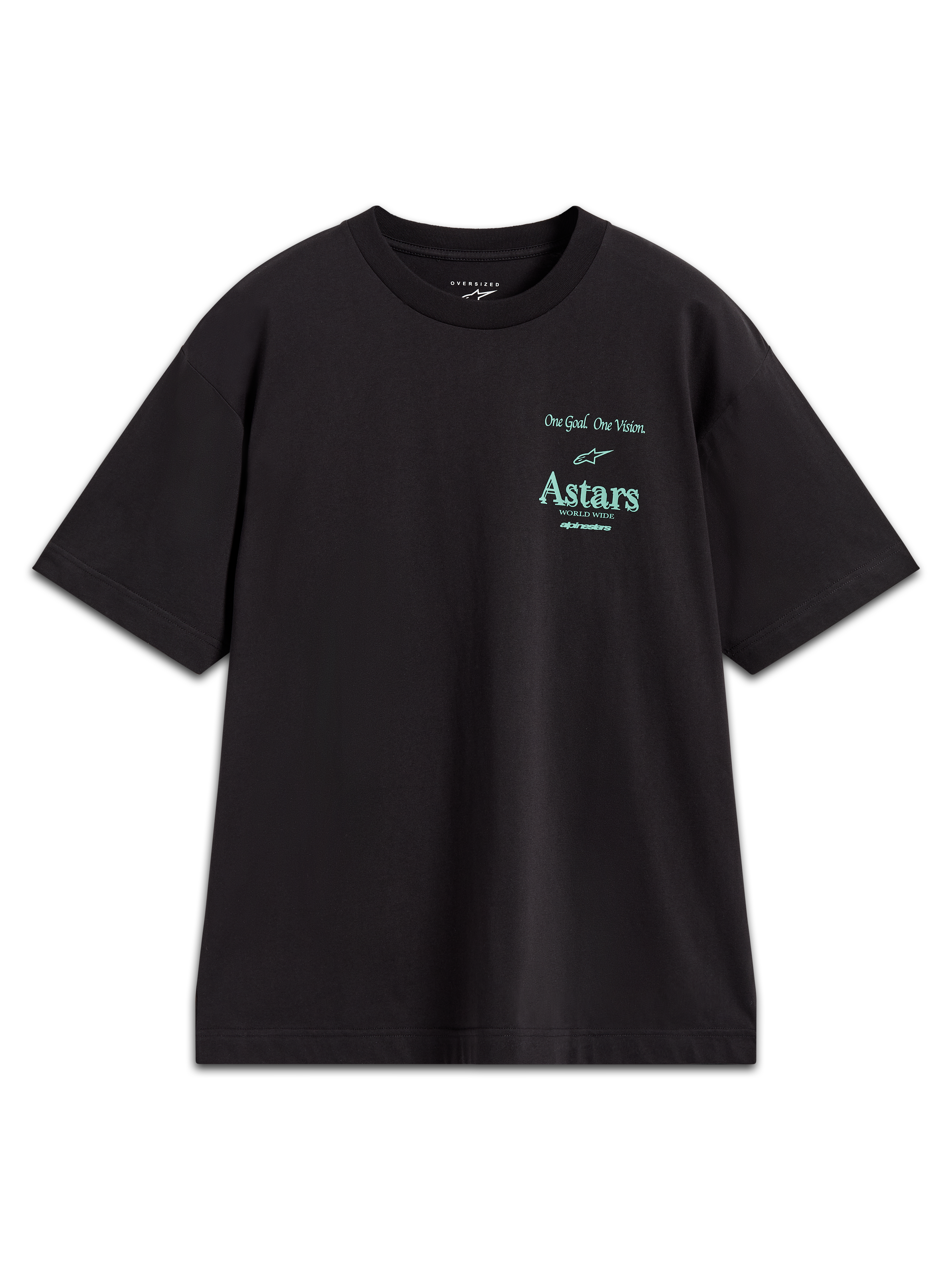 Alpinestars Post Oversized CSF Tee, t-shirt de manga curta preta com logótipo Astars e slogan One Goal One Vision em verde-azulado, mistura de algodão, estilo casual