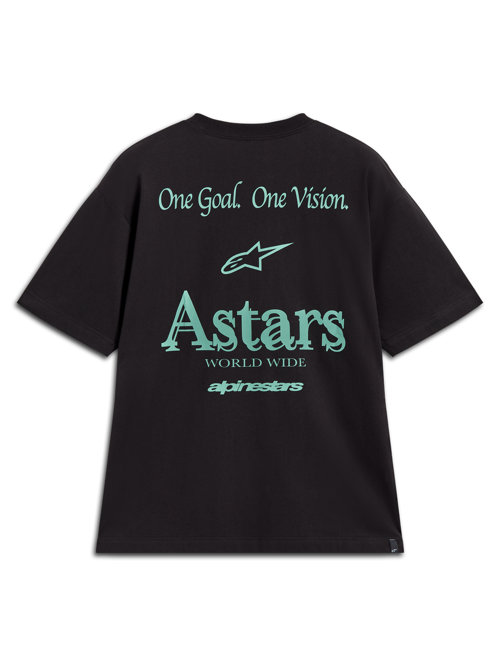 Alpinestars Post Oversized CSF Tee, t-shirt preta com gráficos verde-azulado One Goal One Vision e Astars, sportswear casual.