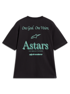 Alpinestars Post Oversized CSF Tee, t-shirt preta com gráficos verde-azulado One Goal One Vision e Astars, sportswear casual.