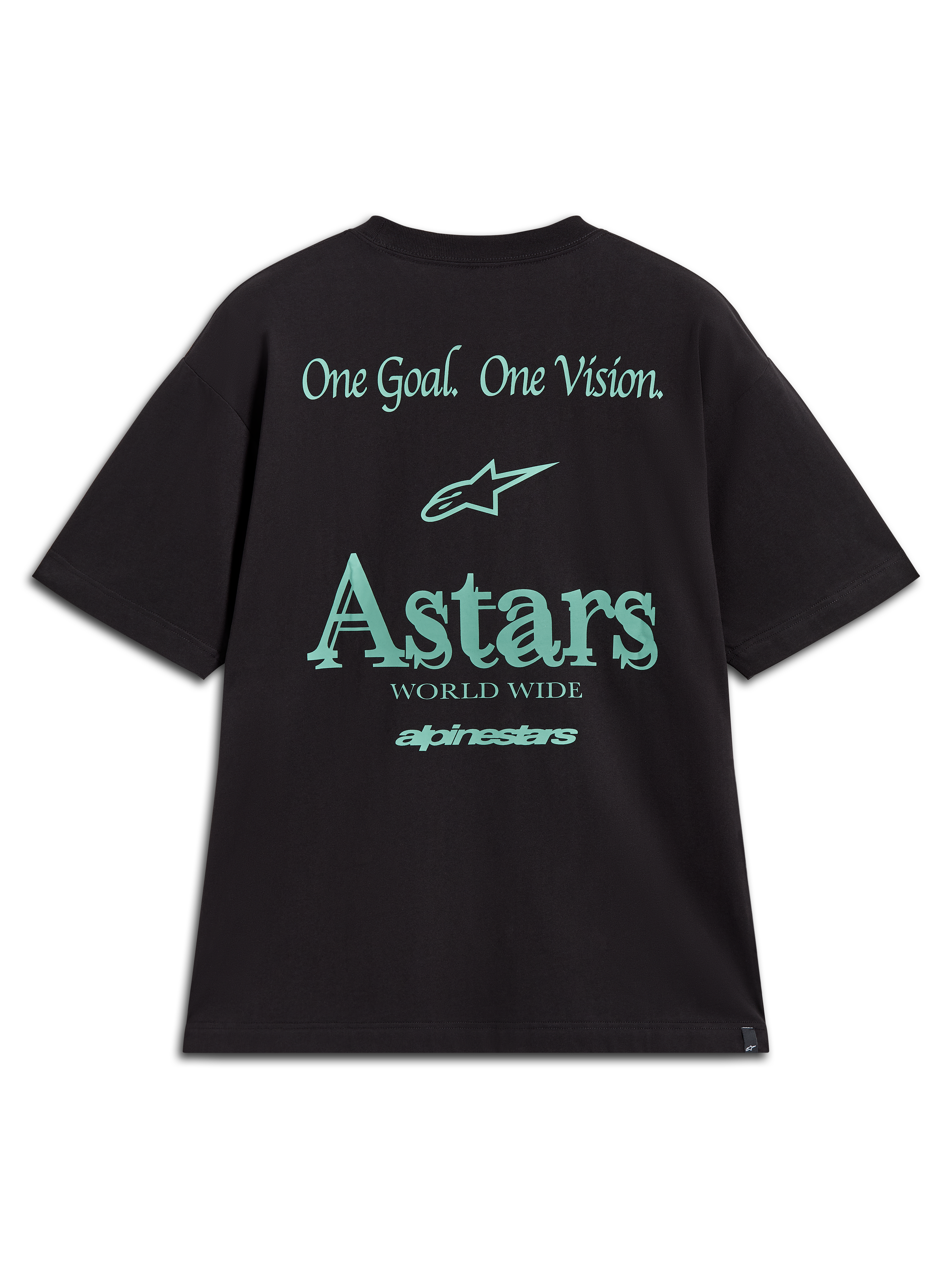 Alpinestars Post Oversized CSF Tee, t-shirt preta com gráficos verde-azulado One Goal One Vision e Astars, sportswear casual.