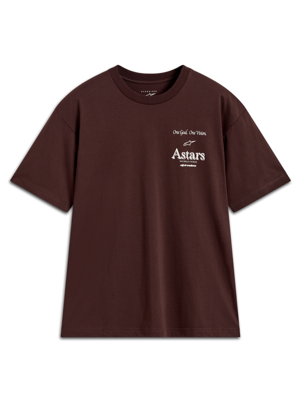 Alpinestars Post Oversized CSF Tee, t-shirt de manga curta castanha, logótipo Astars branco no peito, estilo oversized