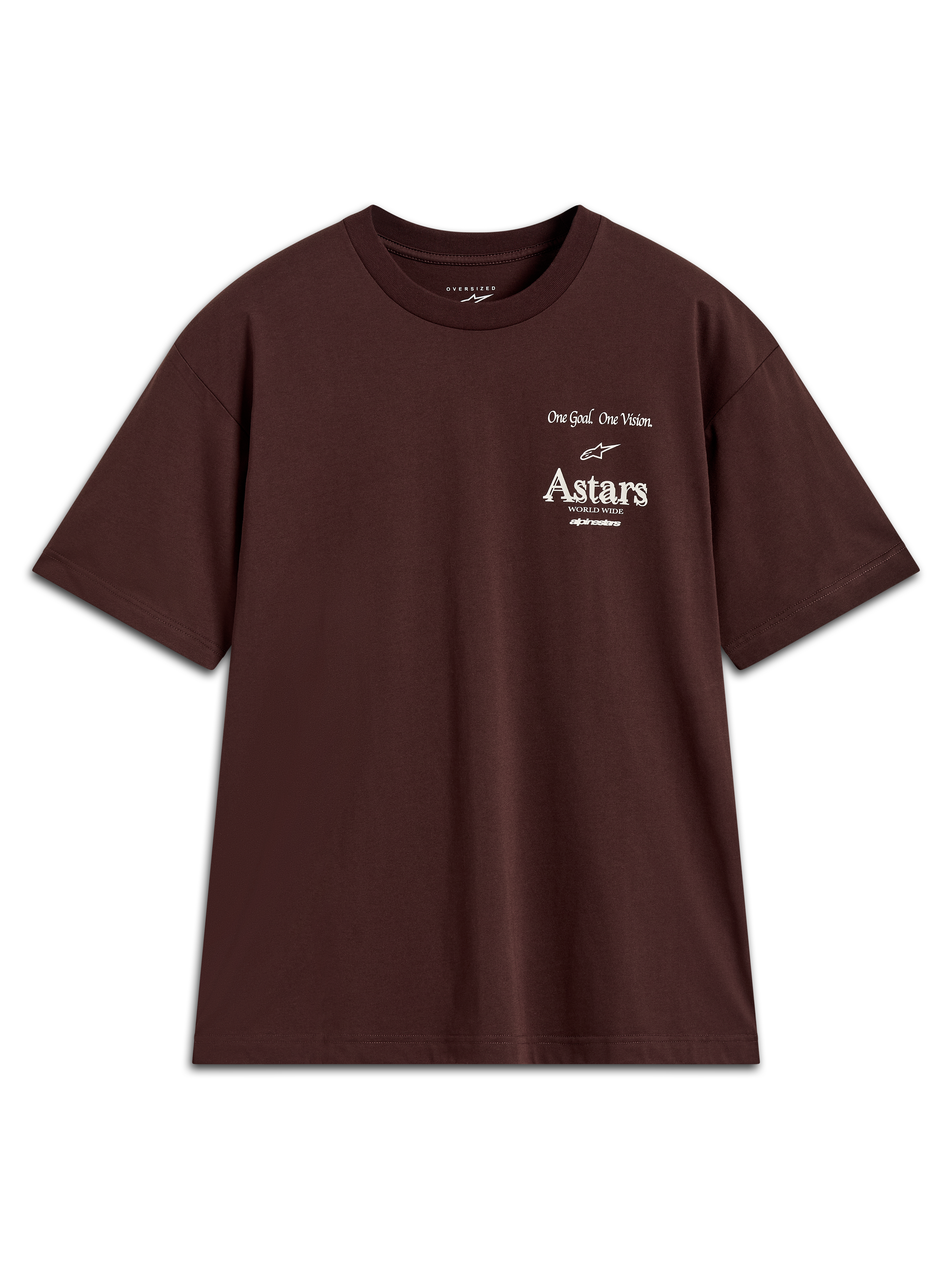 Alpinestars Post Oversized CSF Tee, t-shirt de manga curta castanha, logótipo Astars branco no peito, estilo oversized