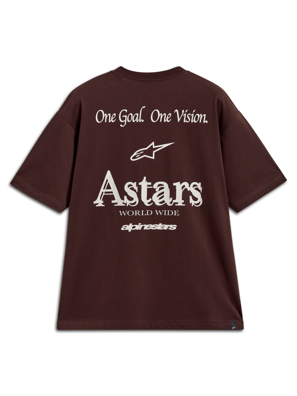 Alpinestars Post Oversized CSF Tee, t-shirt castanha de manga curta, com grafismo Astars One Goal One Vision nas costas.