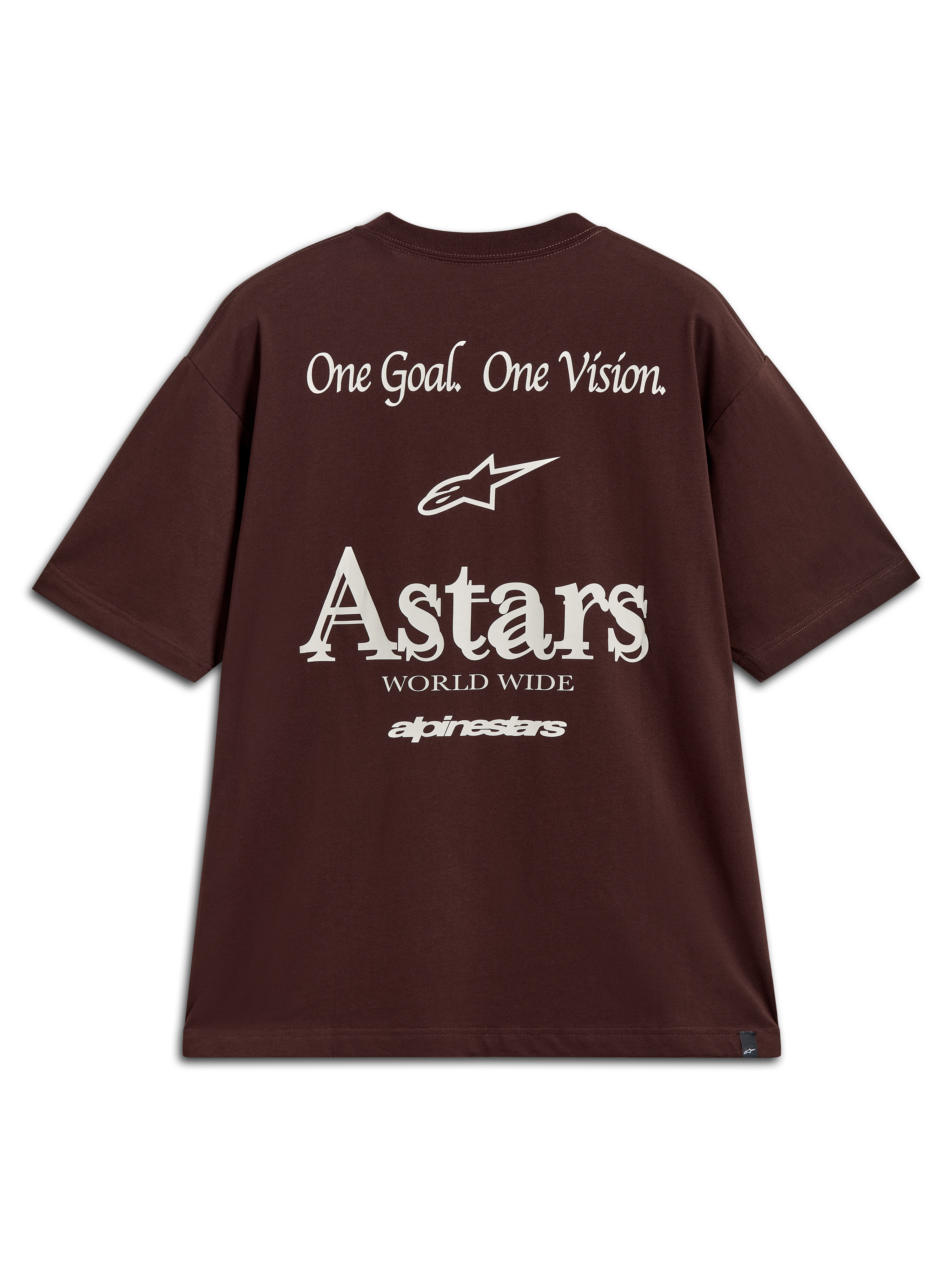 Alpinestars Post Oversized CSF Tee, t-shirt castanha de manga curta, com grafismo Astars One Goal One Vision nas costas.