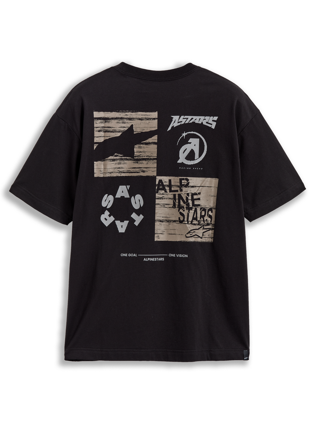 Alpinestars Checkback Oversized CSF Tee, t-shirt de manga curta preta, vista traseira com gráfico xadrez e manifesto One Goal One Vision, estilo sportswear.