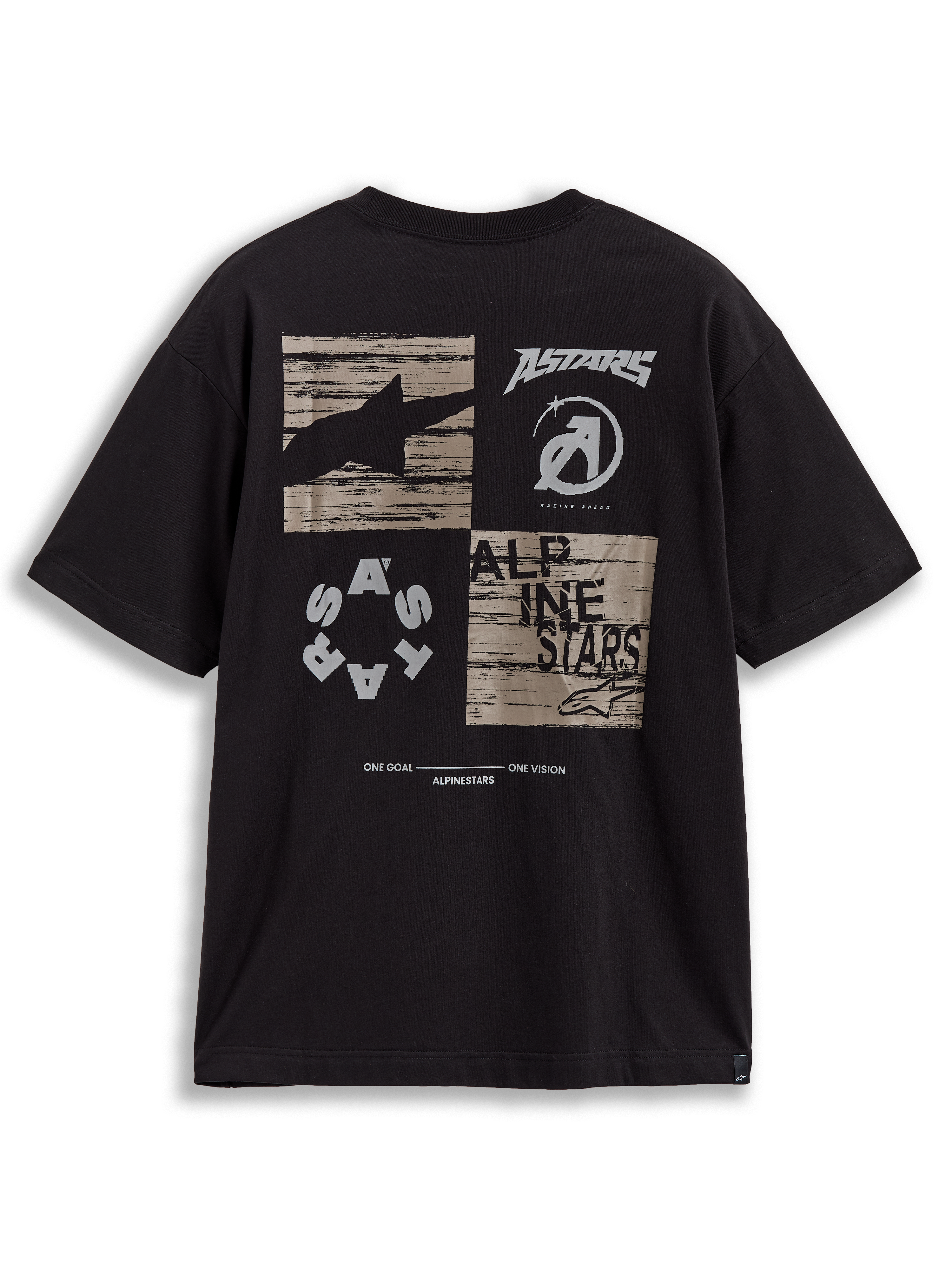 Alpinestars Checkback Oversized CSF Tee, t-shirt de manga curta preta, vista traseira com gráfico xadrez e manifesto One Goal One Vision, estilo sportswear.