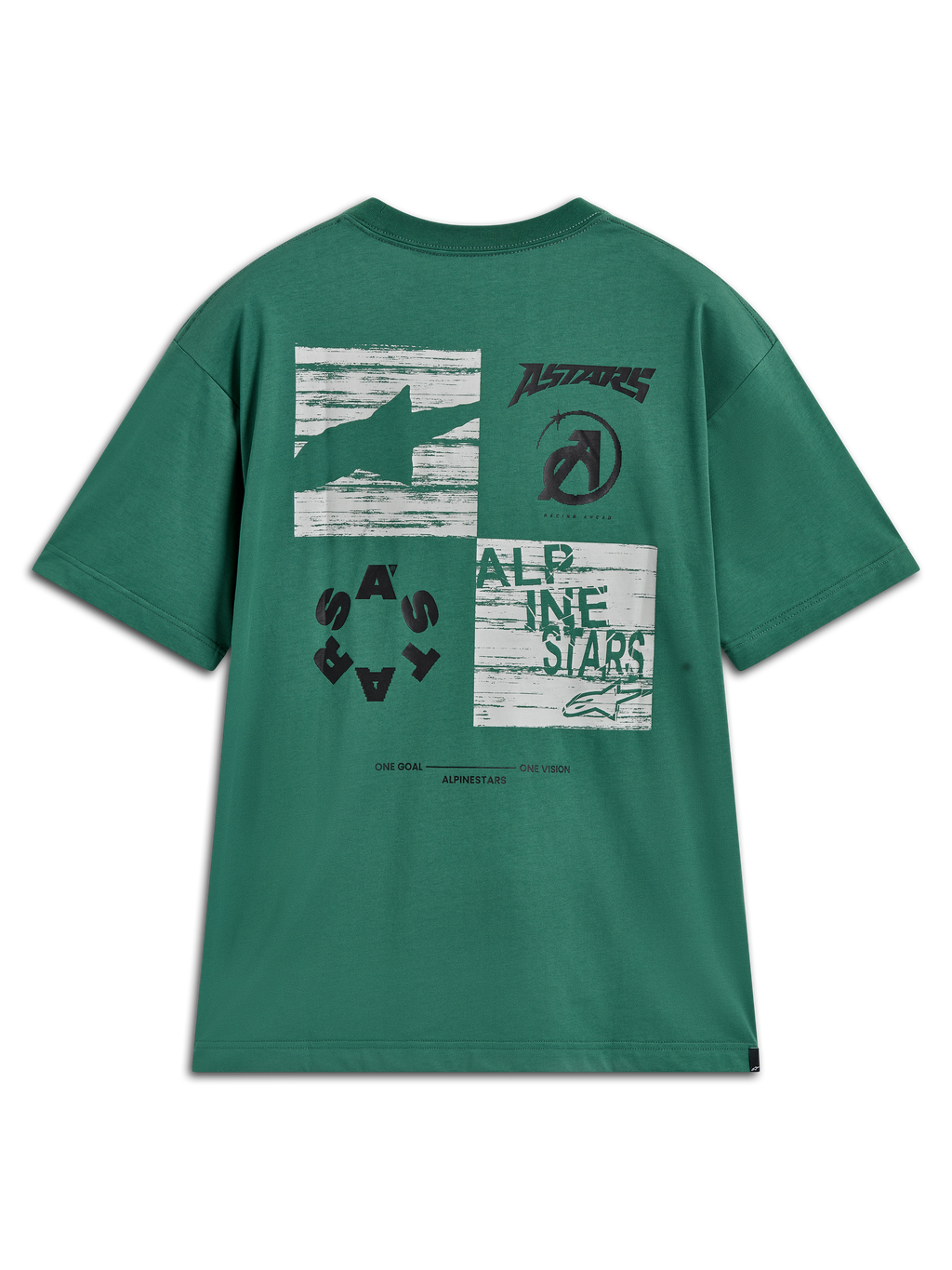 Alpinestars Checkback Oversized CSF Tee, t-shirt de manga curta verde com gráfico multi-painel nas costas, sportswear casual.