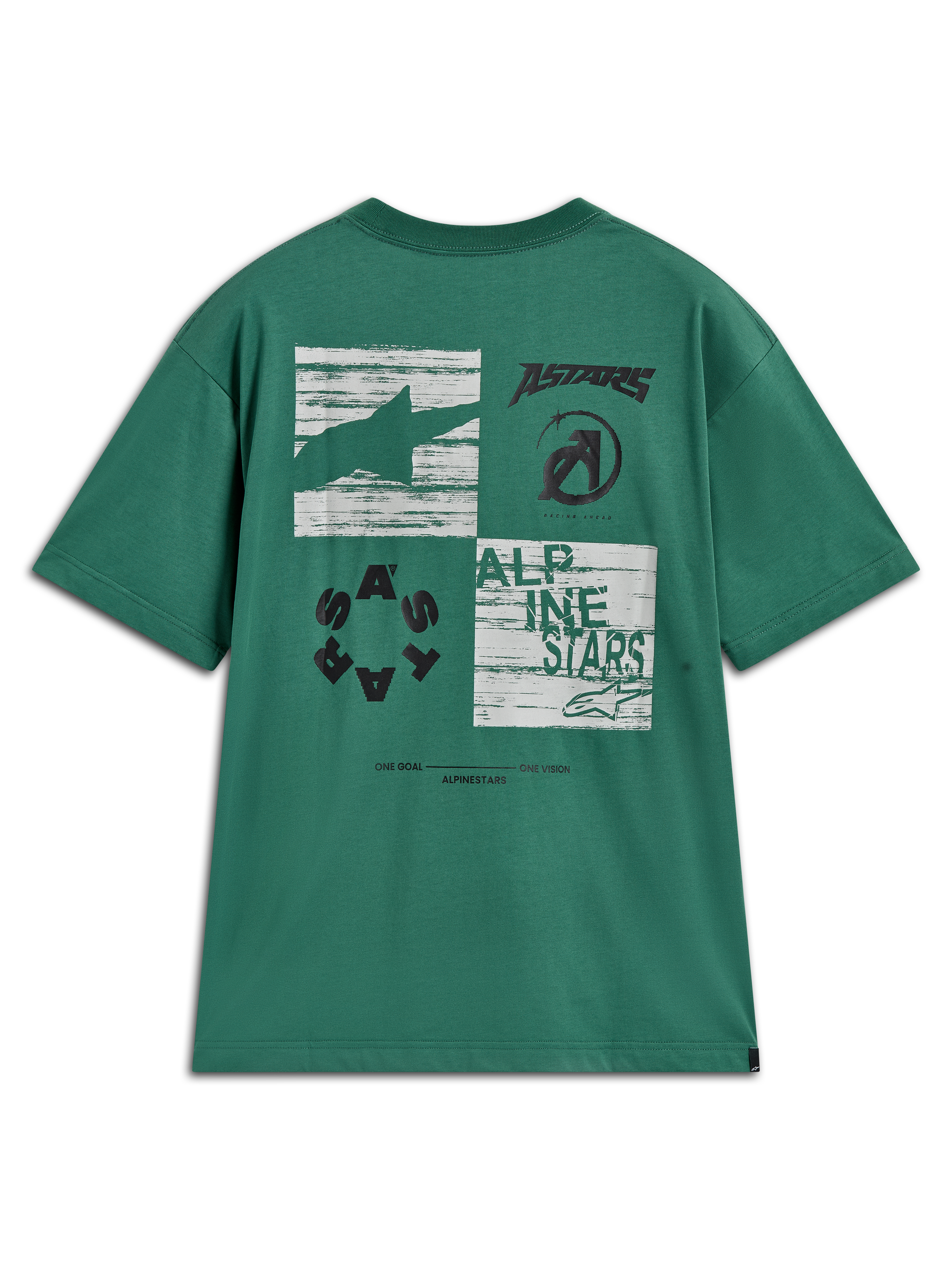 Alpinestars Checkback Oversized CSF Tee, t-shirt de manga curta verde com gráfico multi-painel nas costas, sportswear casual.