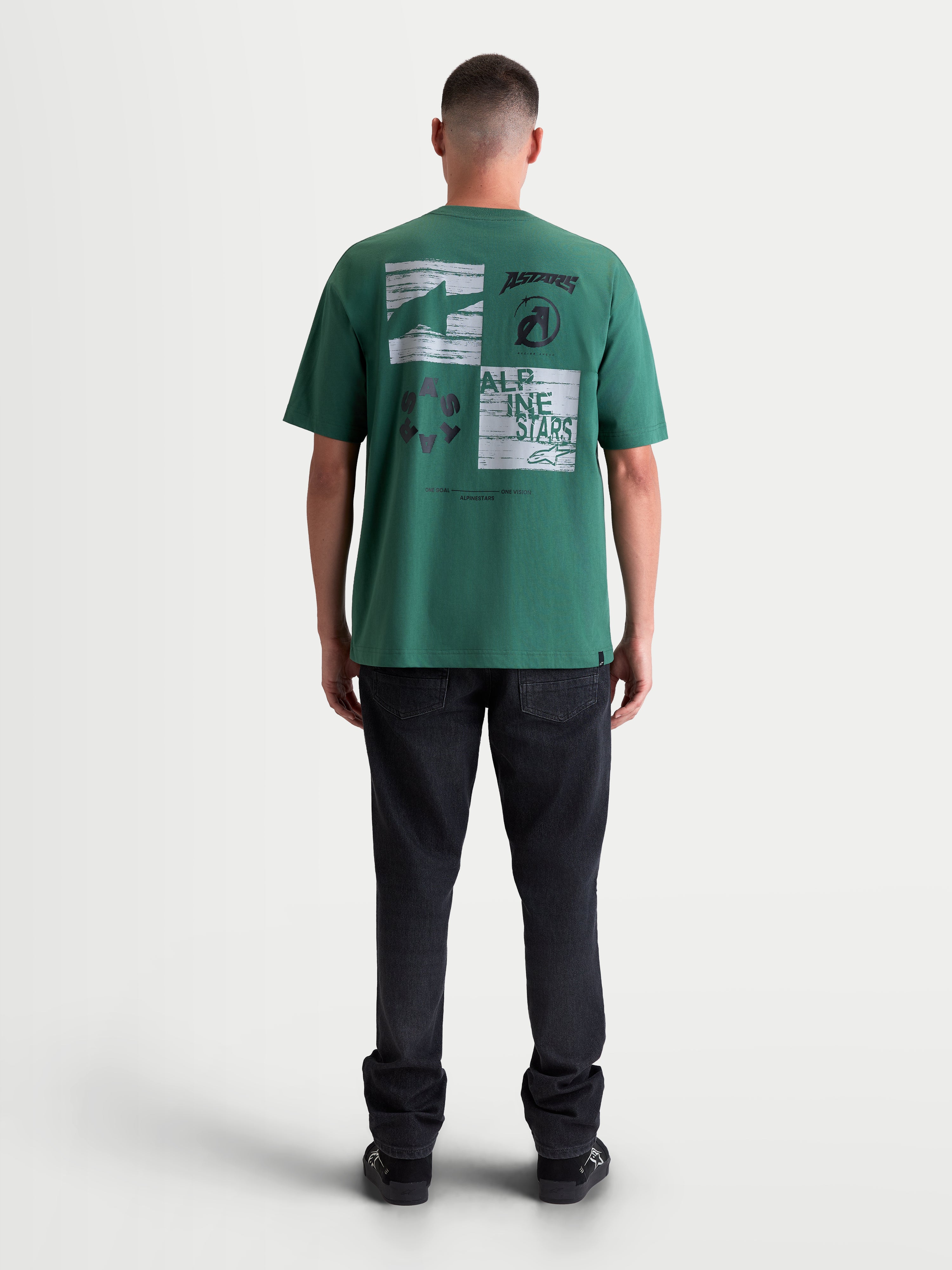 Alpinestars T-shirt Checkback Oversized CSF, t-shirt de manga curta verde, vista traseira com gráfico xadrez, ajuste oversized, mistura de algodão e poliéster, sportswear