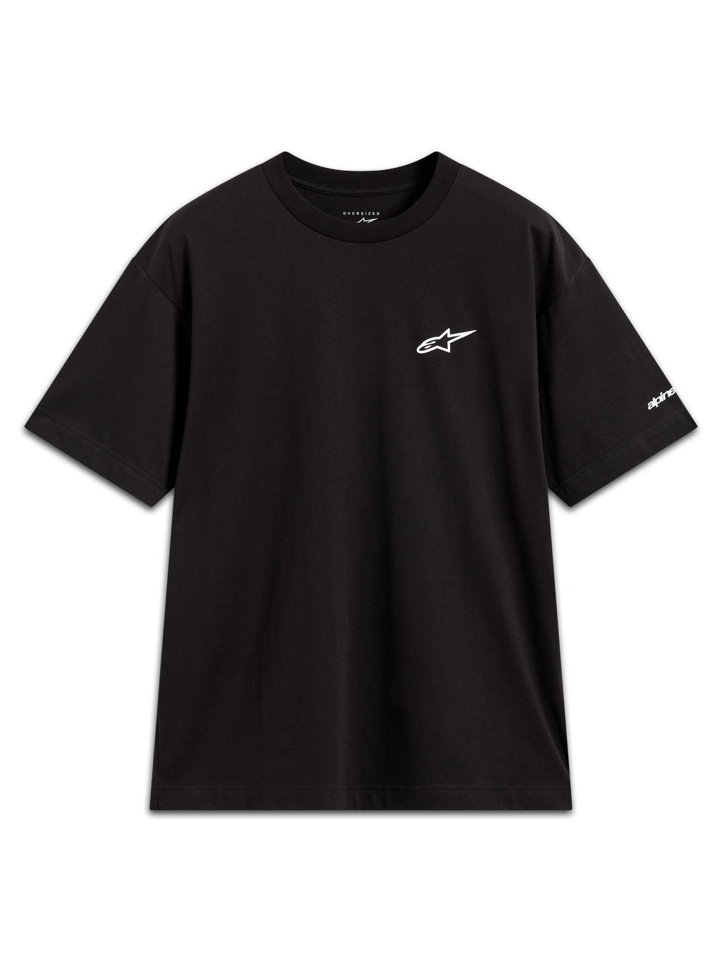 Alpinestars Mandate Oversized CSF Tee, t-shirt de manga curta, preta, com logótipo Astars branco em puff print no peito e gráfico na manga, estilo casual de sportswear