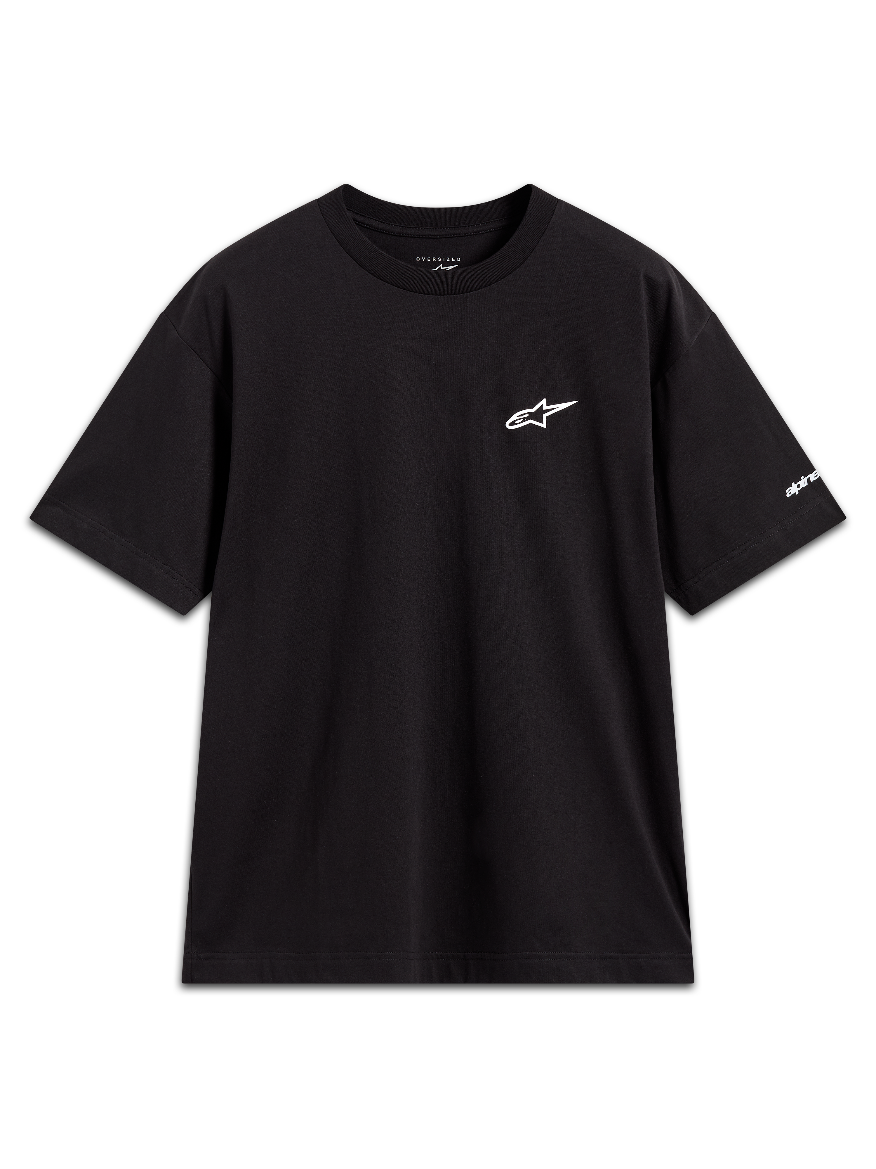 Alpinestars Mandate Oversized CSF Tee, t-shirt de manga curta, preta, com logótipo Astars branco em puff print no peito e gráfico na manga, estilo casual de sportswear