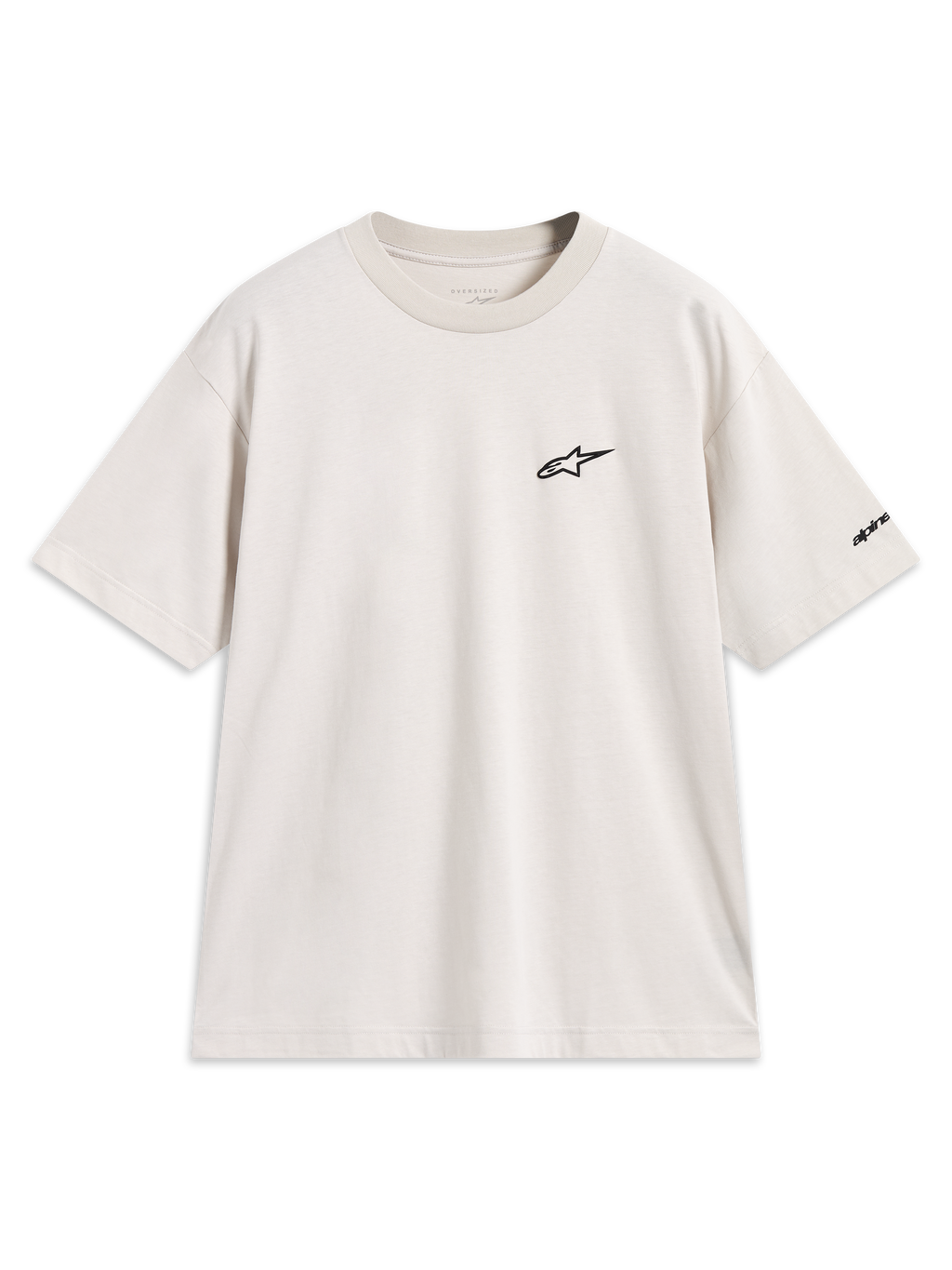Alpinestars Mandate Oversized CSF Tee, t-shirt de manga curta bege, logótipo Astars, corte oversized, sportswear casual.