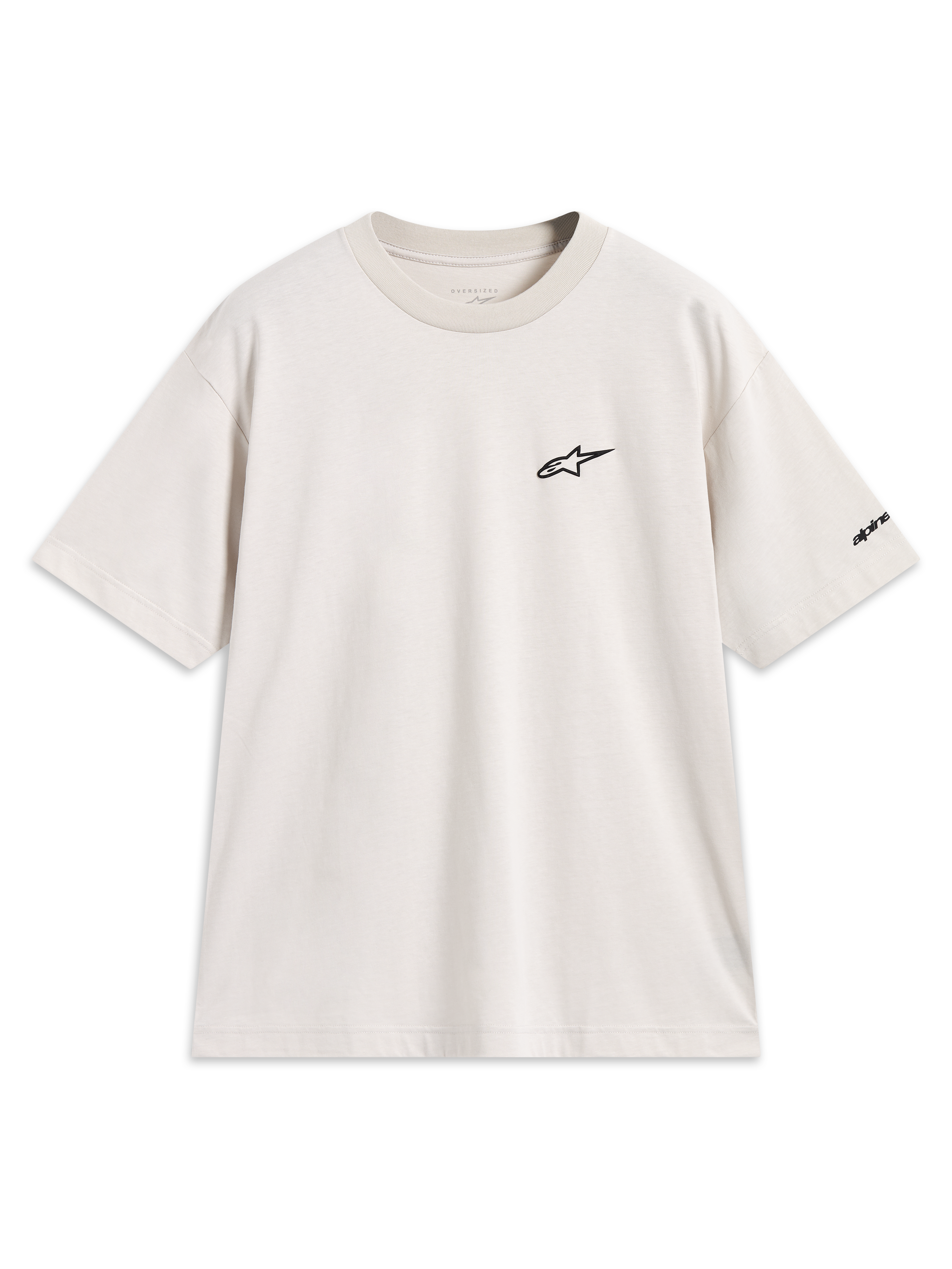 Alpinestars Mandate Oversized CSF Tee, t-shirt de manga curta bege, logótipo Astars, corte oversized, sportswear casual.
