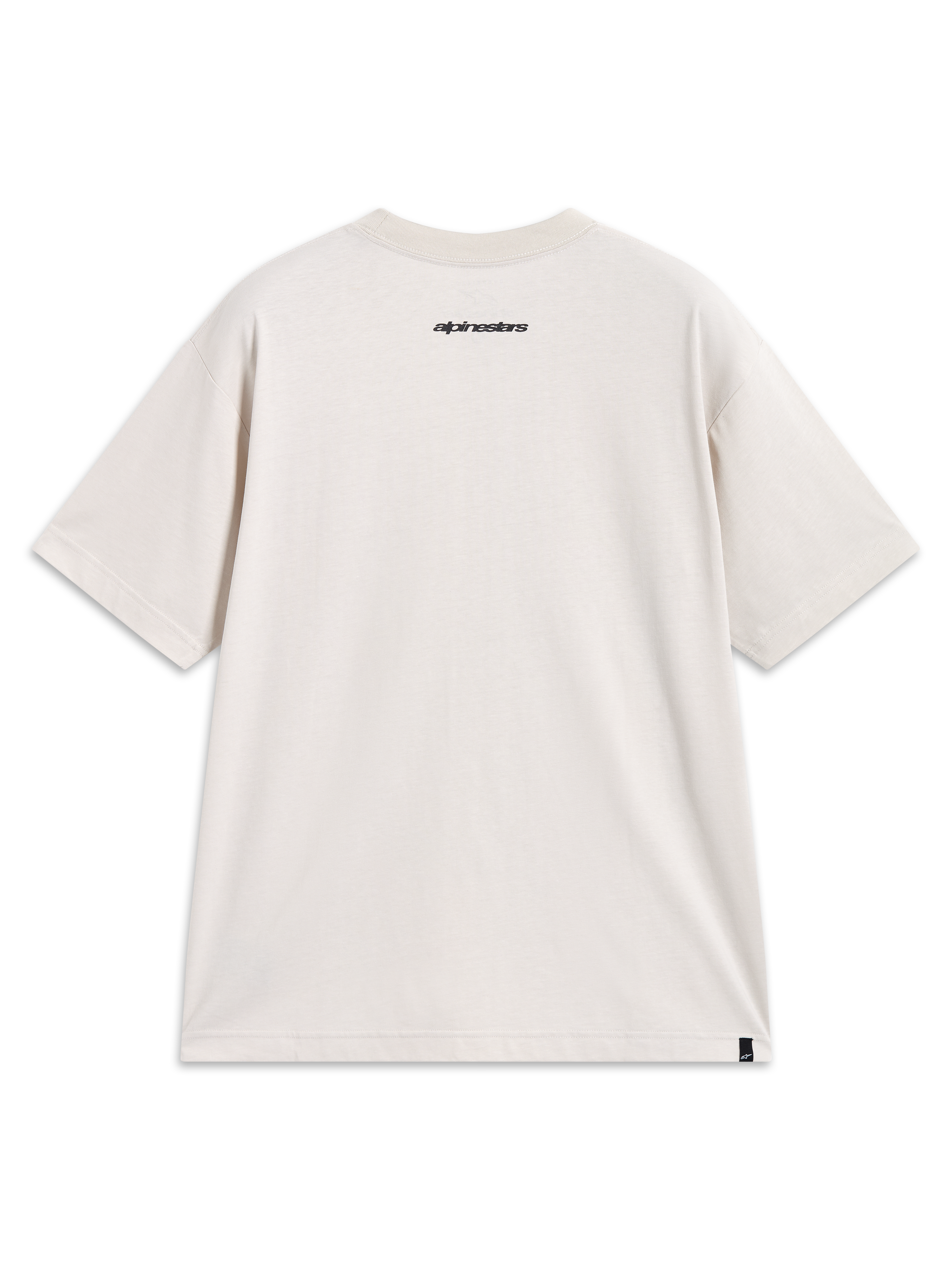 Alpinestars Mandate Oversized CSF Tee, t-shirt de manga curta, bege, vista traseira com logótipo e etiqueta, sportswear