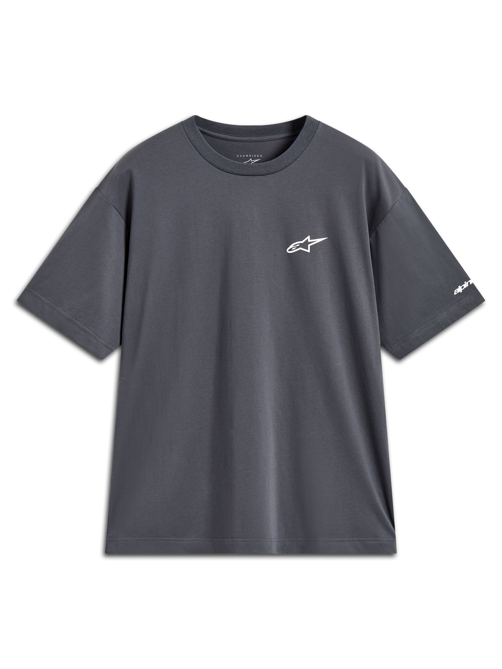 Alpinestars Mandate Oversized CSF Tee, t-shirt de manga curta, cinzento-escuro, logótipo branco no peito e gráfico na manga.