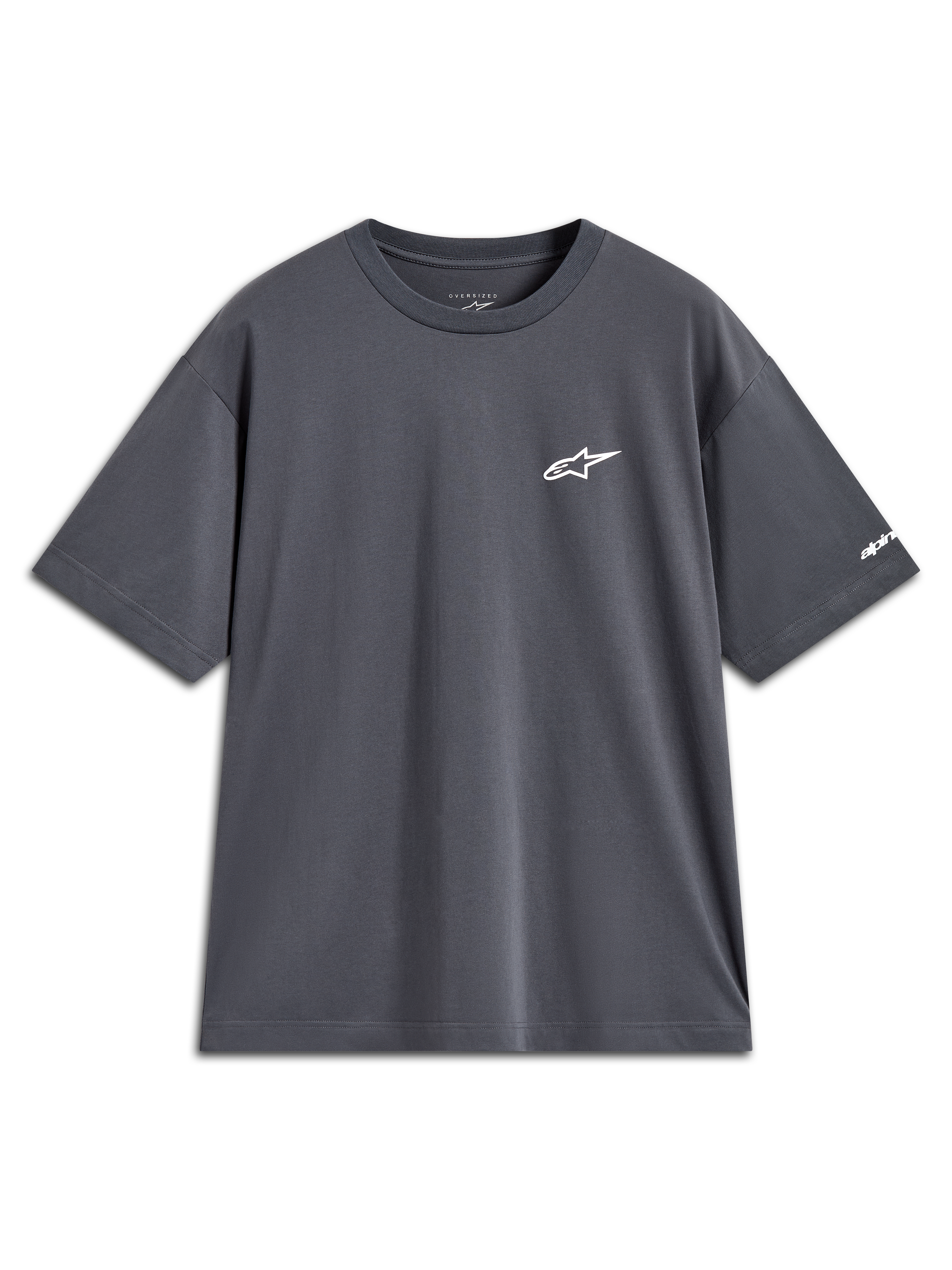 Alpinestars Mandate Oversized CSF Tee, t-shirt de manga curta, cinzento-escuro, logótipo branco no peito e gráfico na manga.