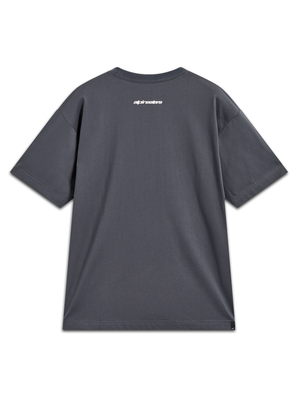Alpinestars Mandate Oversized CSF Tee, t-shirt cinzenta carvão com gráfico branco nas costas, estilo sportswear casual.