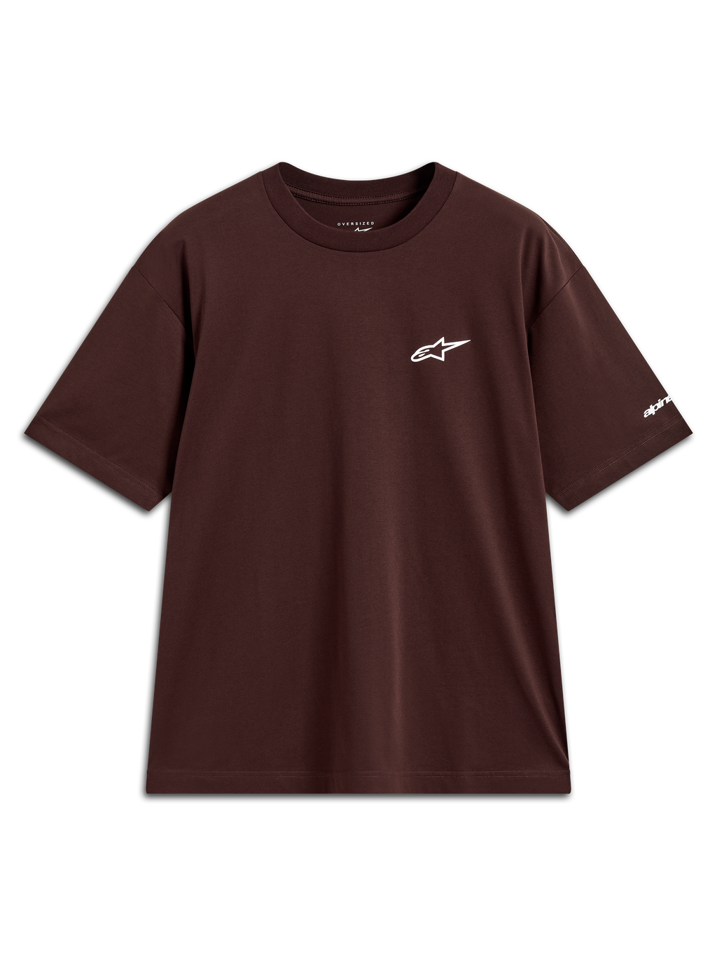 Alpinestars Mandate Oversized CSF Tee, t-shirt de manga curta castanha, logótipo Astars branco em puff print no peito e detalhe na manga, estilo casual oversized.