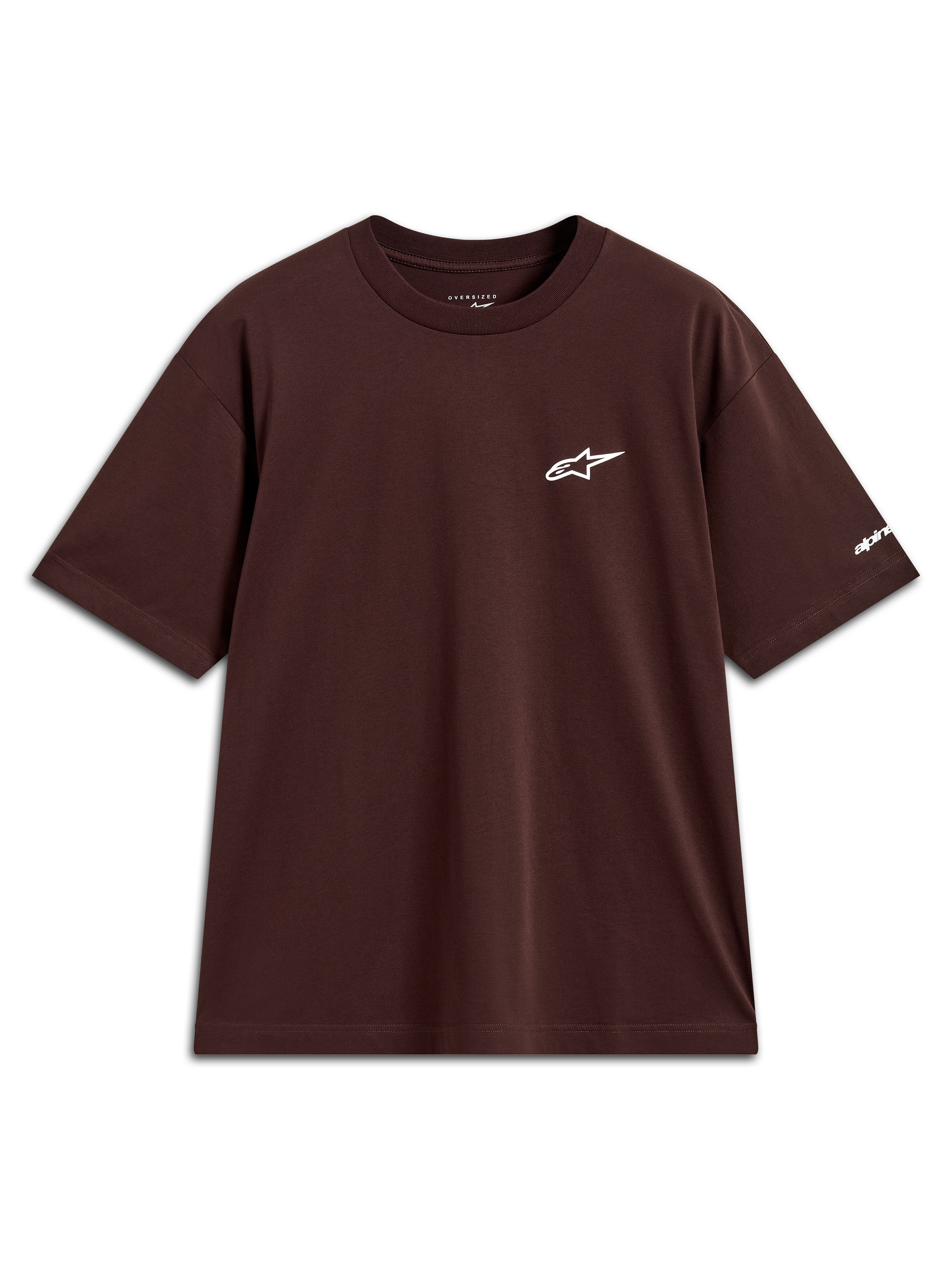 Alpinestars Mandate Oversized CSF Tee, t-shirt de manga curta castanha, logótipo Astars branco em puff print no peito e detalhe na manga, estilo casual oversized.