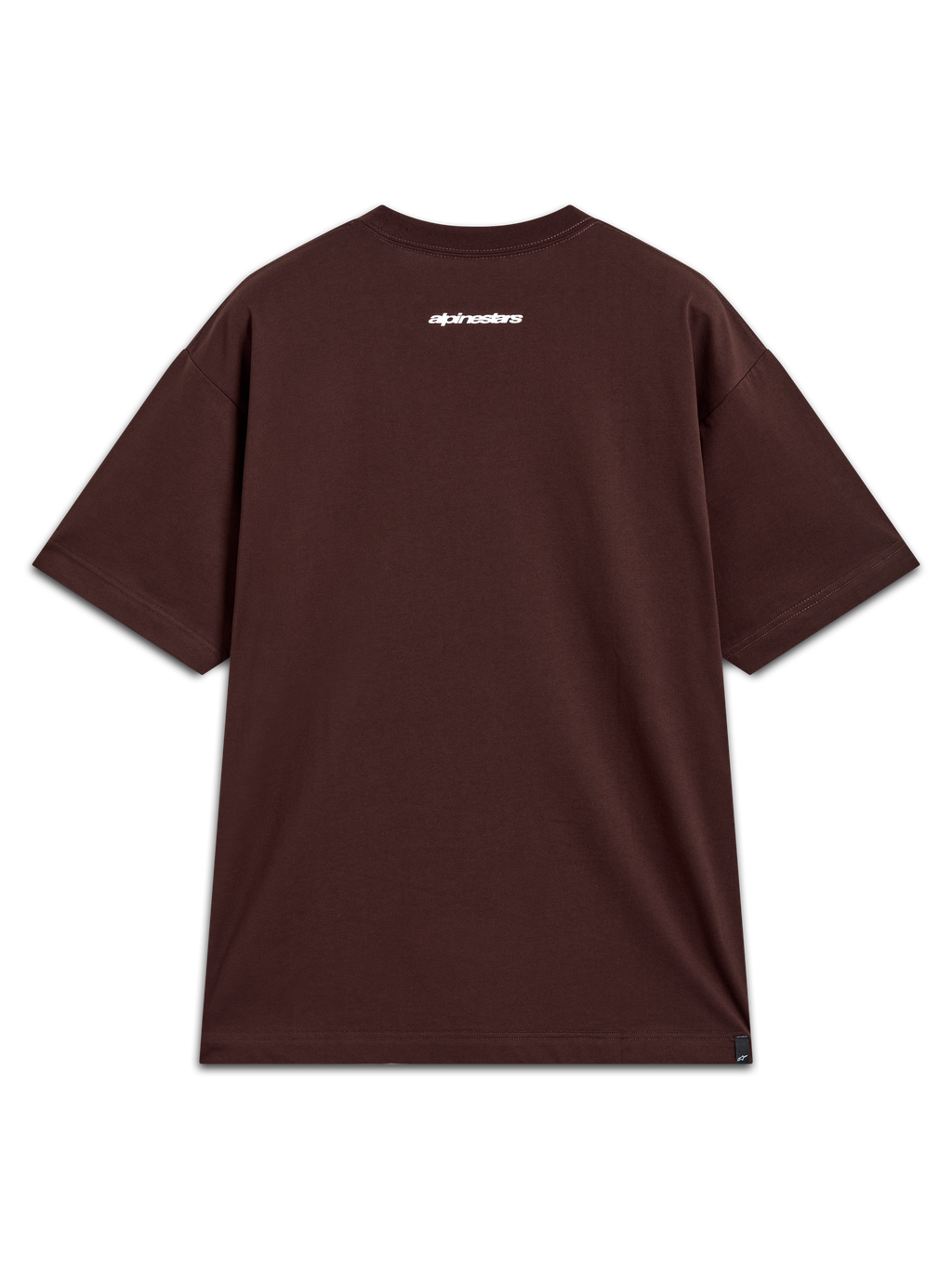 Alpinestars Mandate Oversized CSF Tee, t-shirt de manga curta, castanha, vista traseira com gráfico de logótipo Alpinestars branco, estilo casual de sportswear.