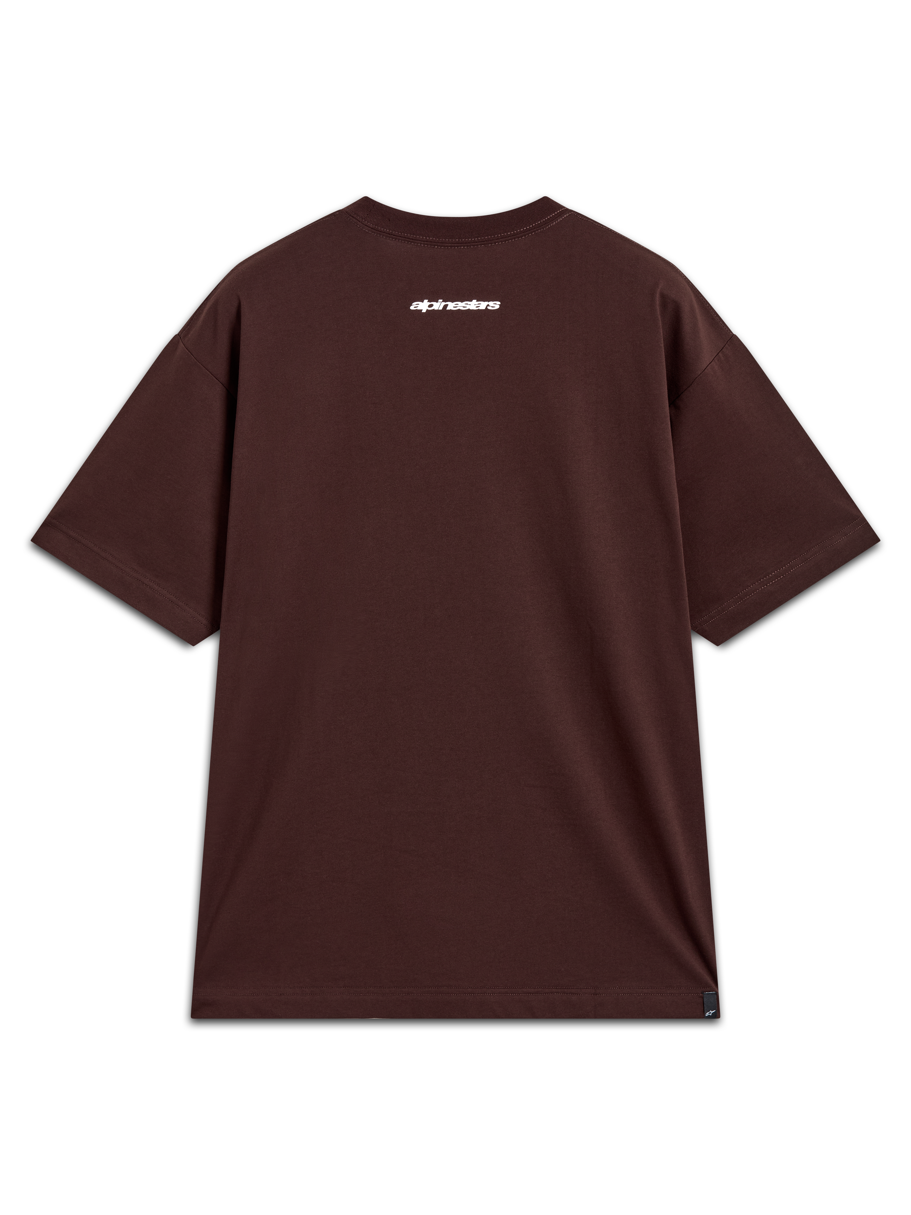 Alpinestars Mandate Oversized CSF Tee, t-shirt de manga curta, castanha, vista traseira com gráfico de logótipo Alpinestars branco, estilo casual de sportswear.