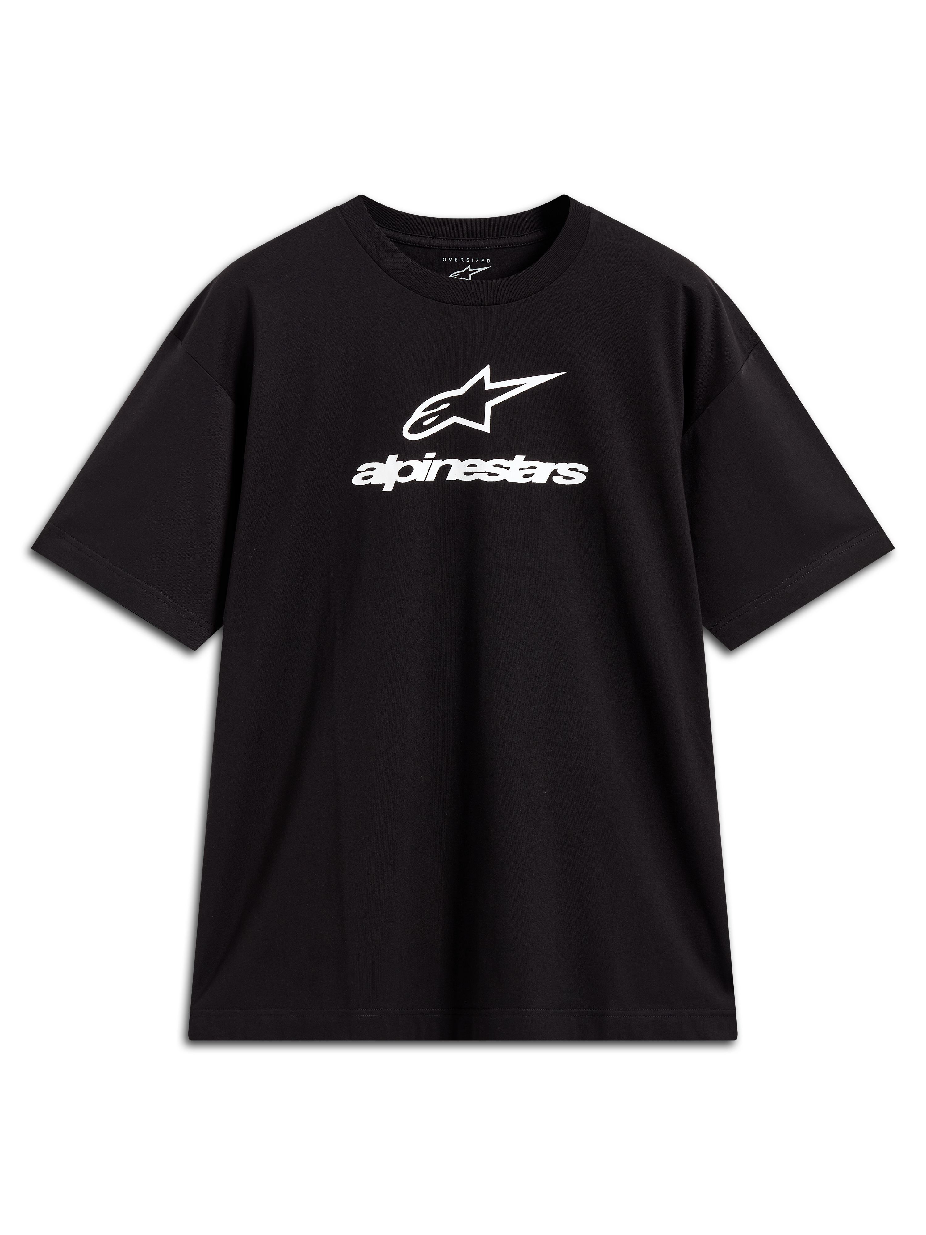Alpinestars Prelude Oversized CSF Tee, t-shirt de manga curta preta com logótipo Astars branco no peito, sportswear.