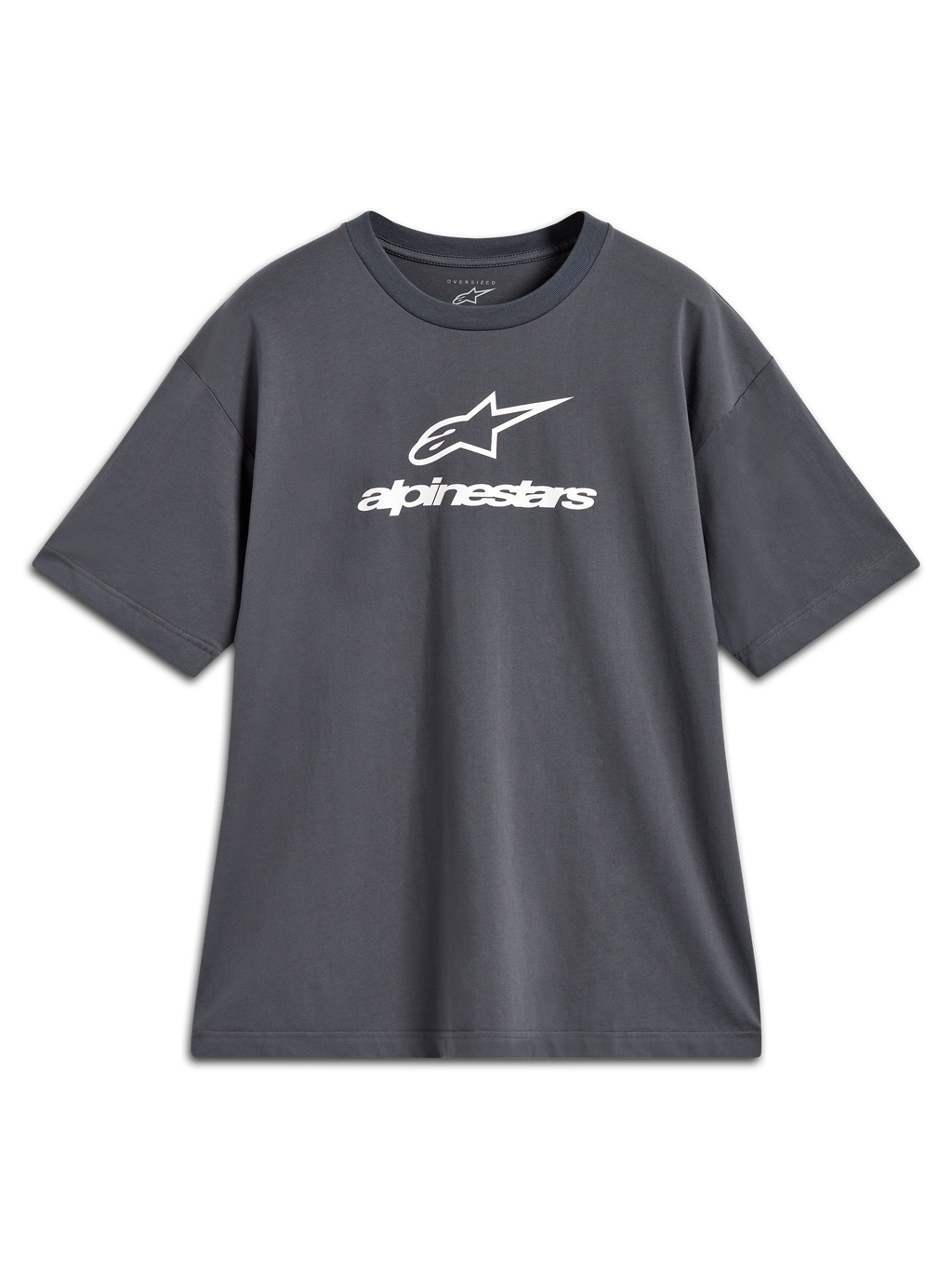 Alpinestars Prelude Oversized CSF Tee, t-shirt de manga curta cinzento carvão com logótipo branco na frente, estilo sportswear casual e corte oversized.
