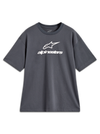 Alpinestars Prelude Oversized CSF Tee, t-shirt de manga curta cinzento carvão com logótipo branco na frente, estilo sportswear casual e corte oversized.