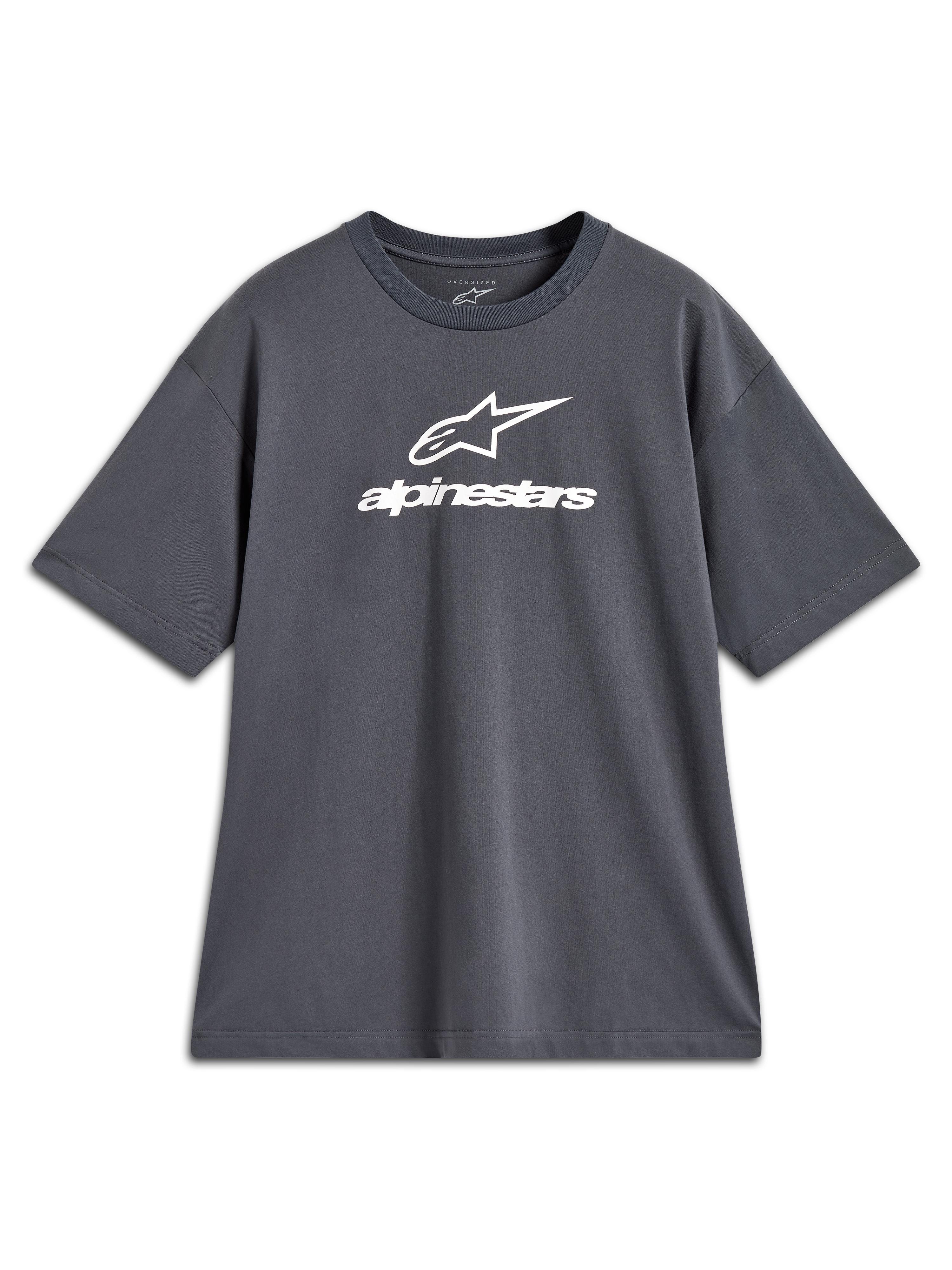 Alpinestars Prelude Oversized CSF Tee, t-shirt de manga curta cinzento carvão com logótipo branco na frente, estilo sportswear casual e corte oversized.