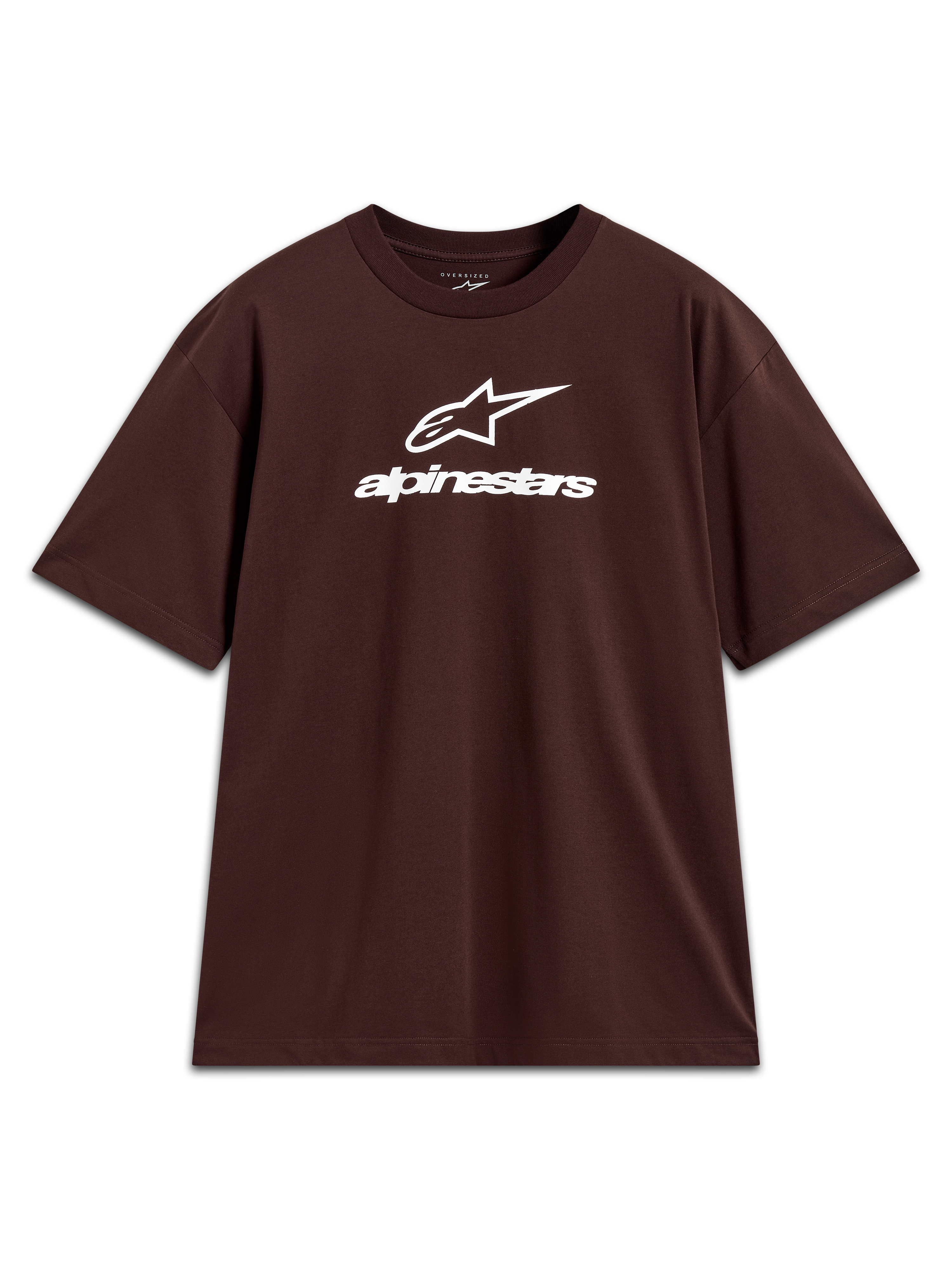 Alpinestars Prelude Oversized CSF Tee, t-shirt de manga curta castanha, logótipo branco no peito, estilo oversized casual