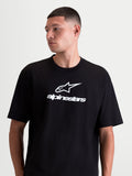 Alpinestars Prelude Oversized CSF Tee, t-shirt de manga curta para homem, preta e branca, corte largo com logótipo Astars e branding no peito, casual sportswear em mistura de algodão e poliéster.