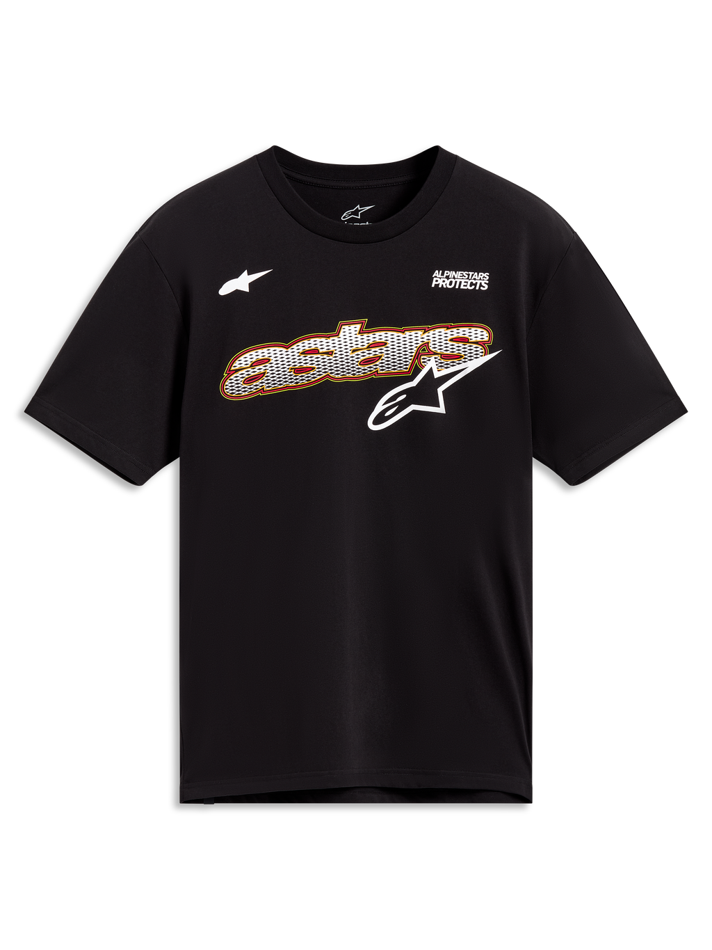 Alpinestars Cypress CSF Tee, t-shirt de mangas curtas, preta, com gráfico Astars em malha, logótipos brancos e texto Alpinestars Protects no peito, casual sportswear