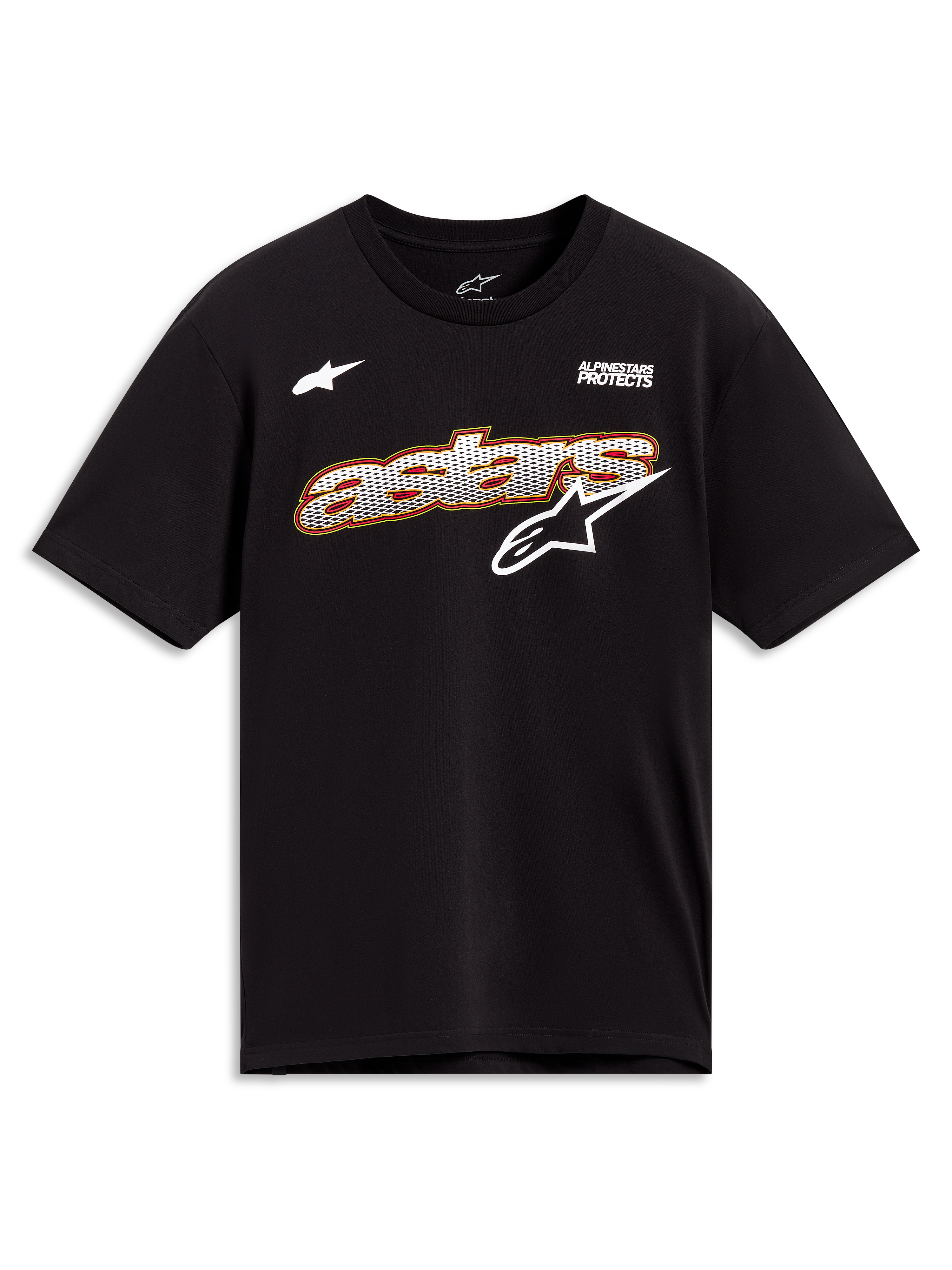 Alpinestars Cypress CSF Tee, t-shirt de mangas curtas, preta, com gráfico Astars em malha, logótipos brancos e texto Alpinestars Protects no peito, casual sportswear