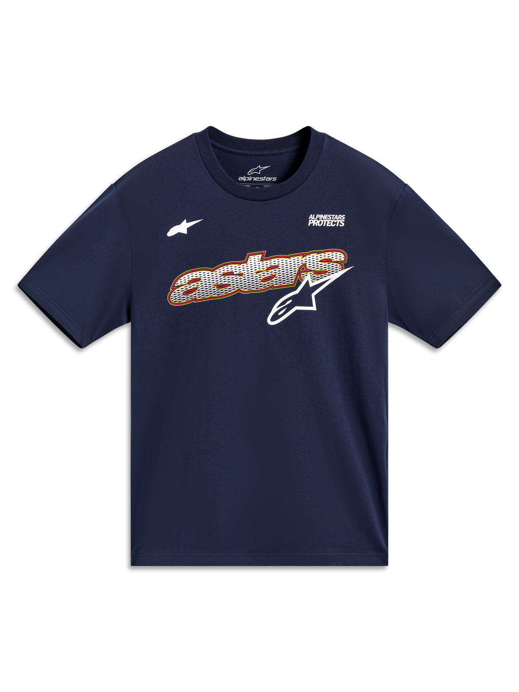 Alpinestars Cypress CSF Tee, t-shirt de manga curta azul-marinho com gráfico Astars em malha e lema Alpinestars Protects