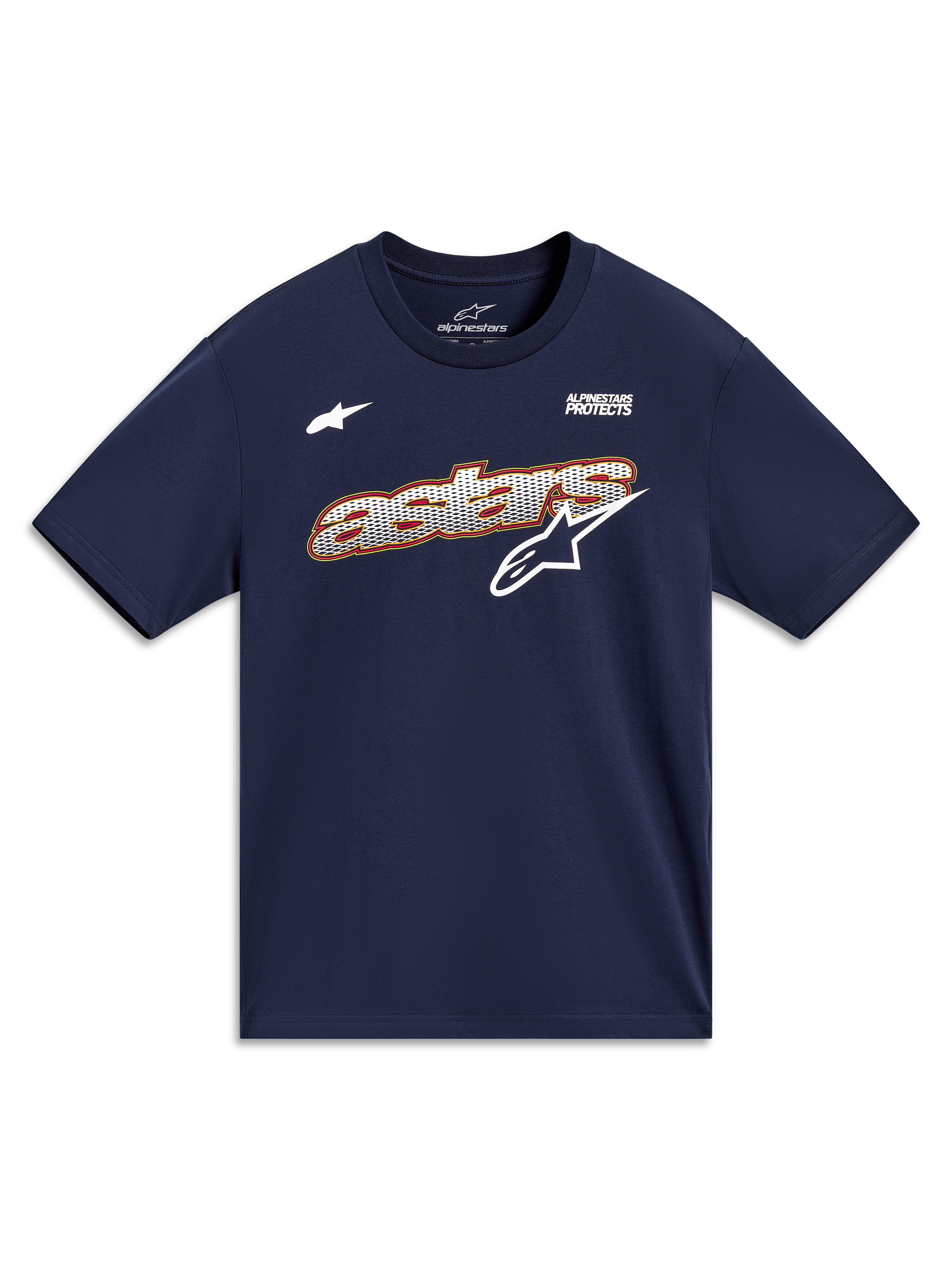 Alpinestars Cypress CSF Tee, t-shirt de manga curta azul-marinho com gráfico Astars em malha e lema Alpinestars Protects